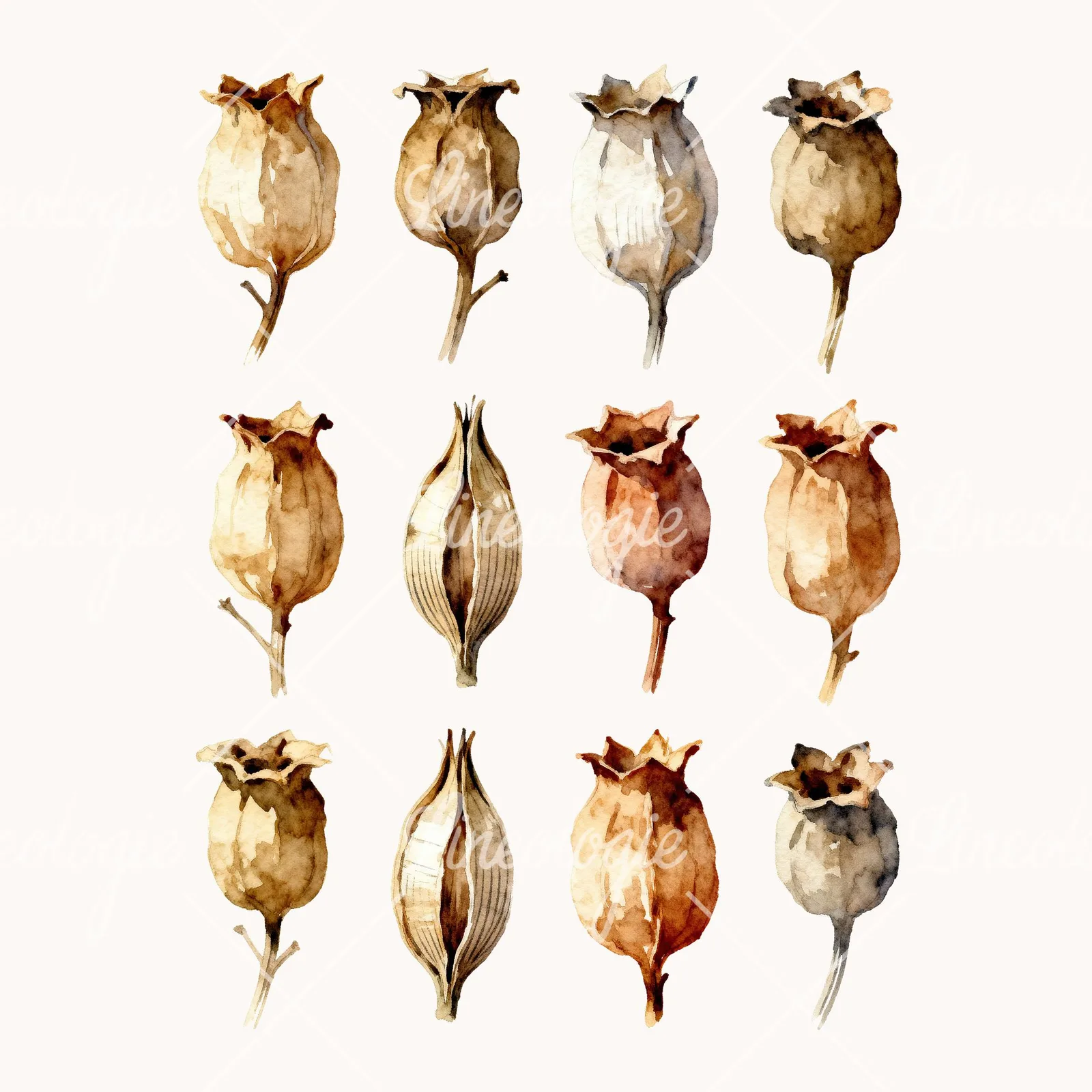 Watercolor Dried Seed Pod Clipart, all 12 illustrations in the pack