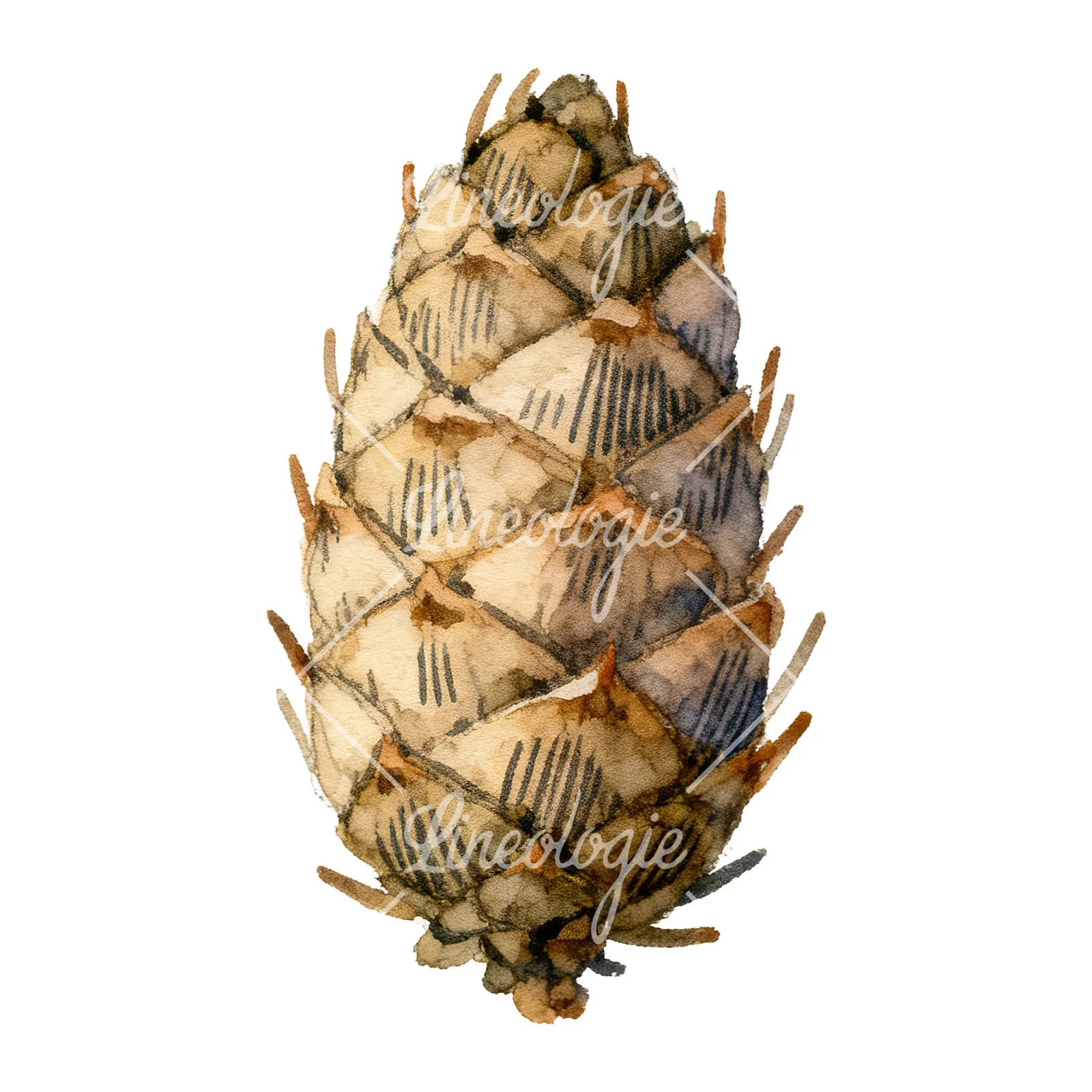 Watercolor golden and brown pinecone clipart 7 of 8 on a white background (JPG)