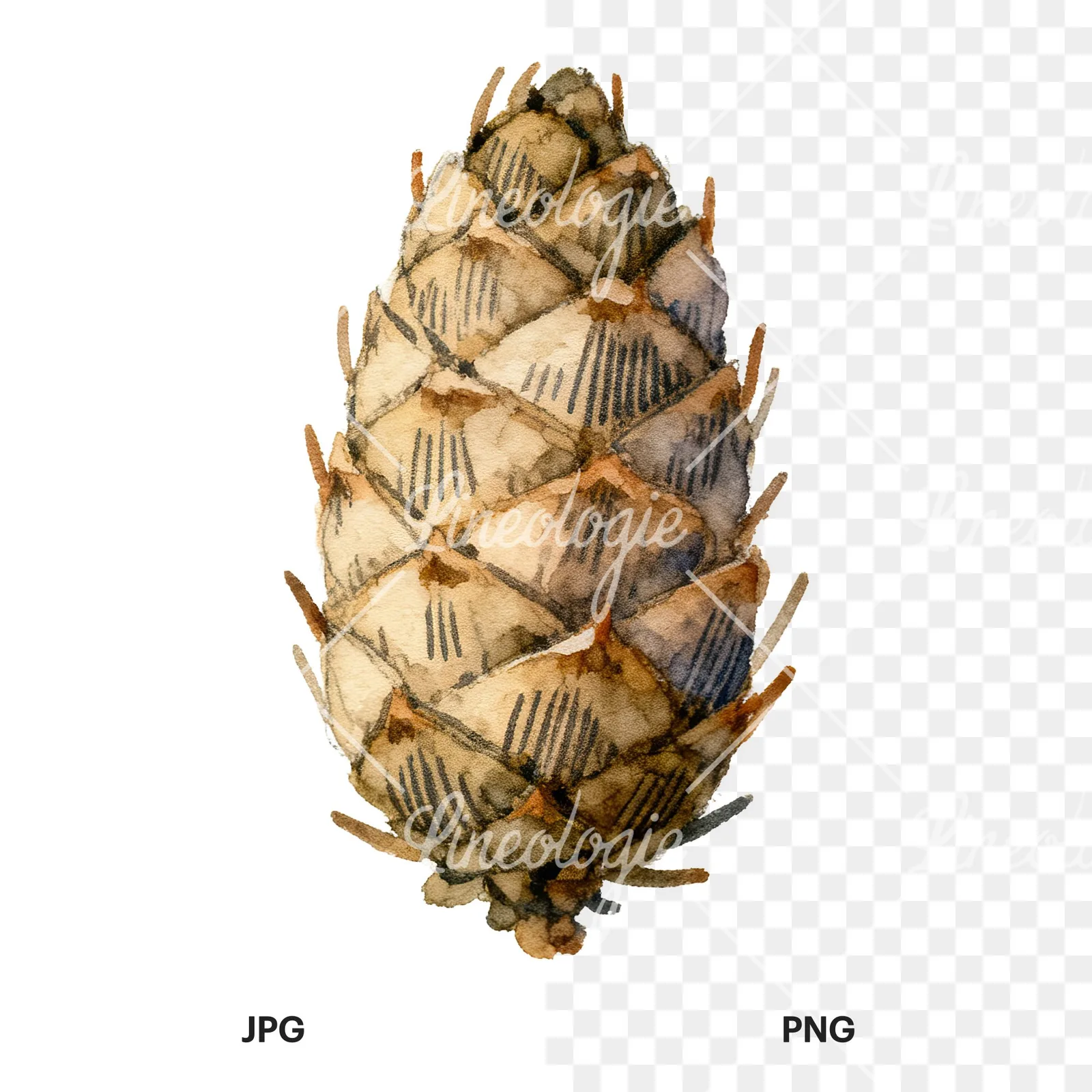 Watercolor golden and brown pinecone clipart 7 of 8, as a JPG on white and a transparent PNG