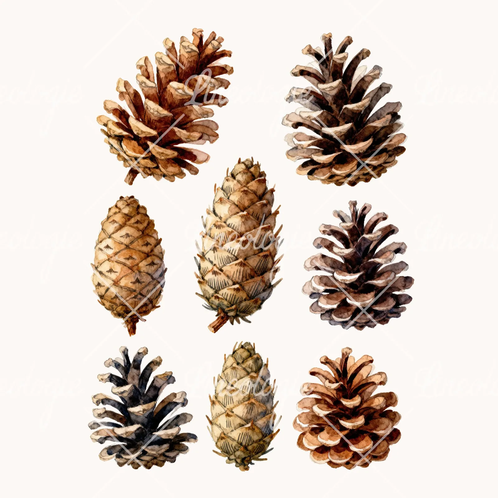 Watercolor Golden and Brown Pinecone Clipart, all 8 illustrations in the pack
