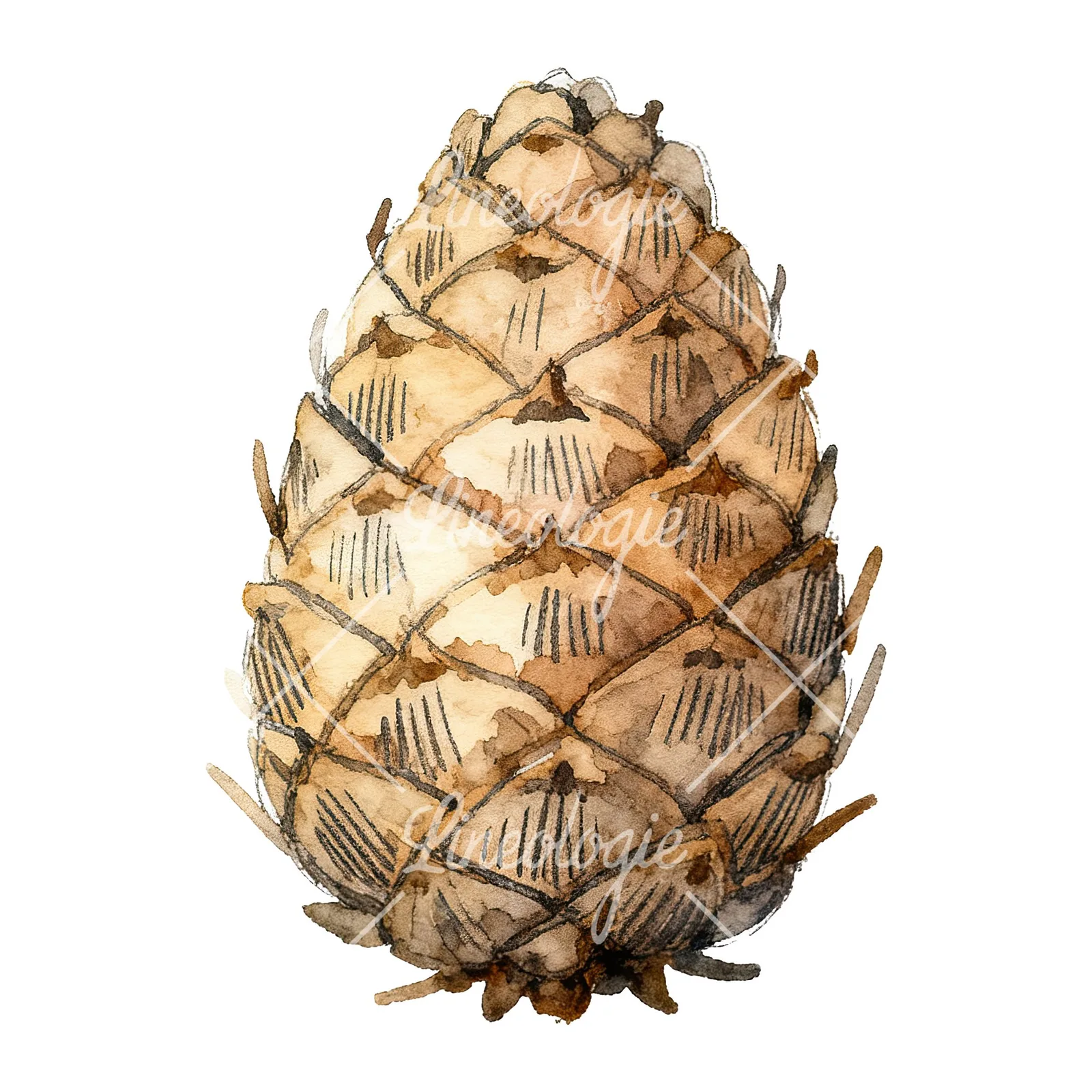 Watercolor brown and tan pinecone clipart 2 of 9 on a white background (JPG)