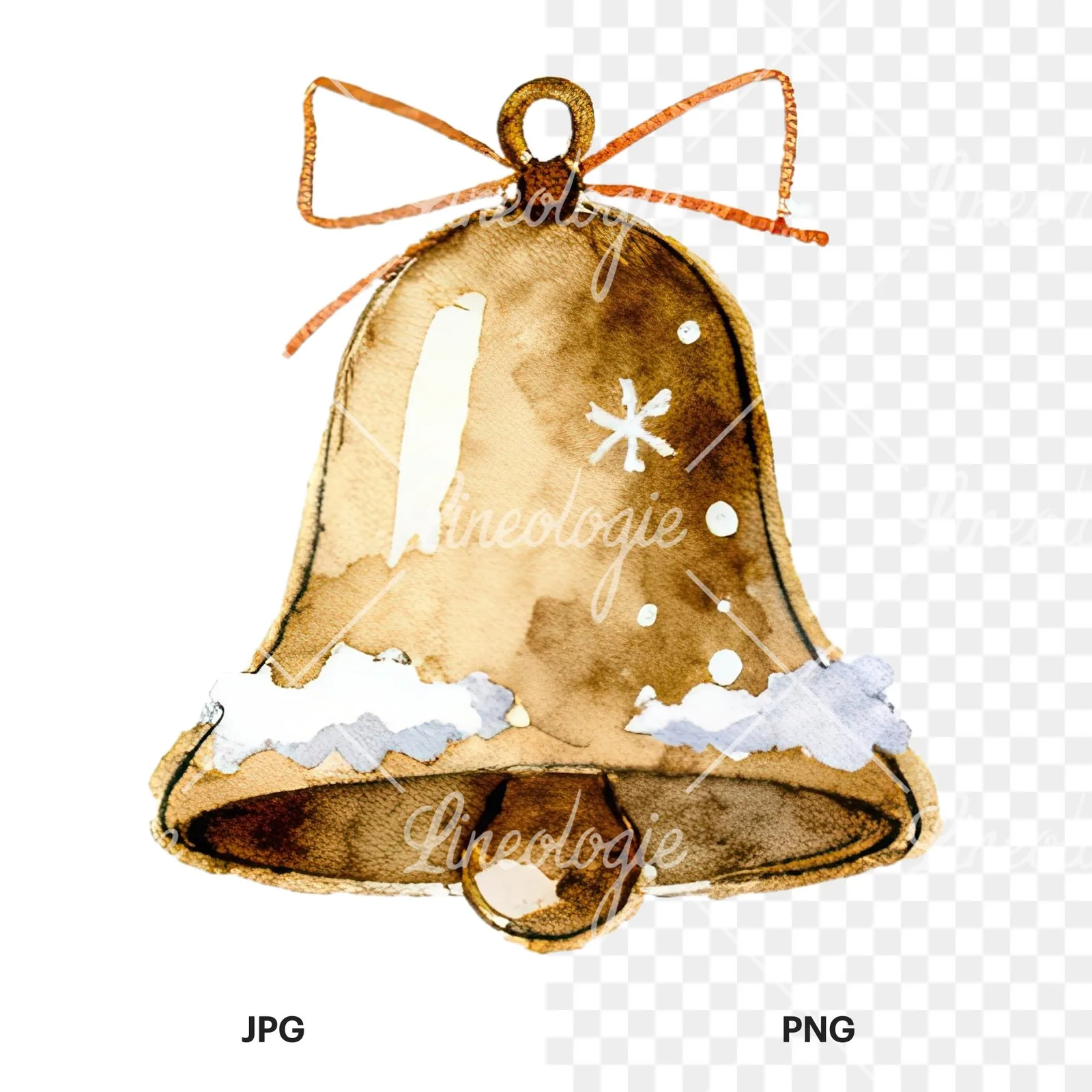 Watercolor bell clipart 3 of 12, as a JPG on white and a transparent PNG