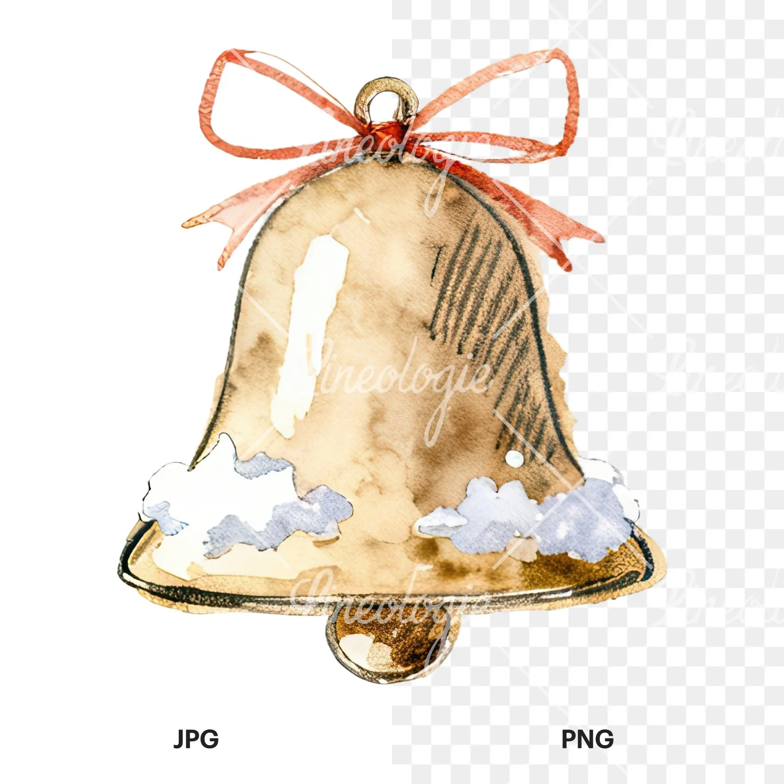 Watercolor bell clipart 10 of 12, as a JPG on white and a transparent PNG