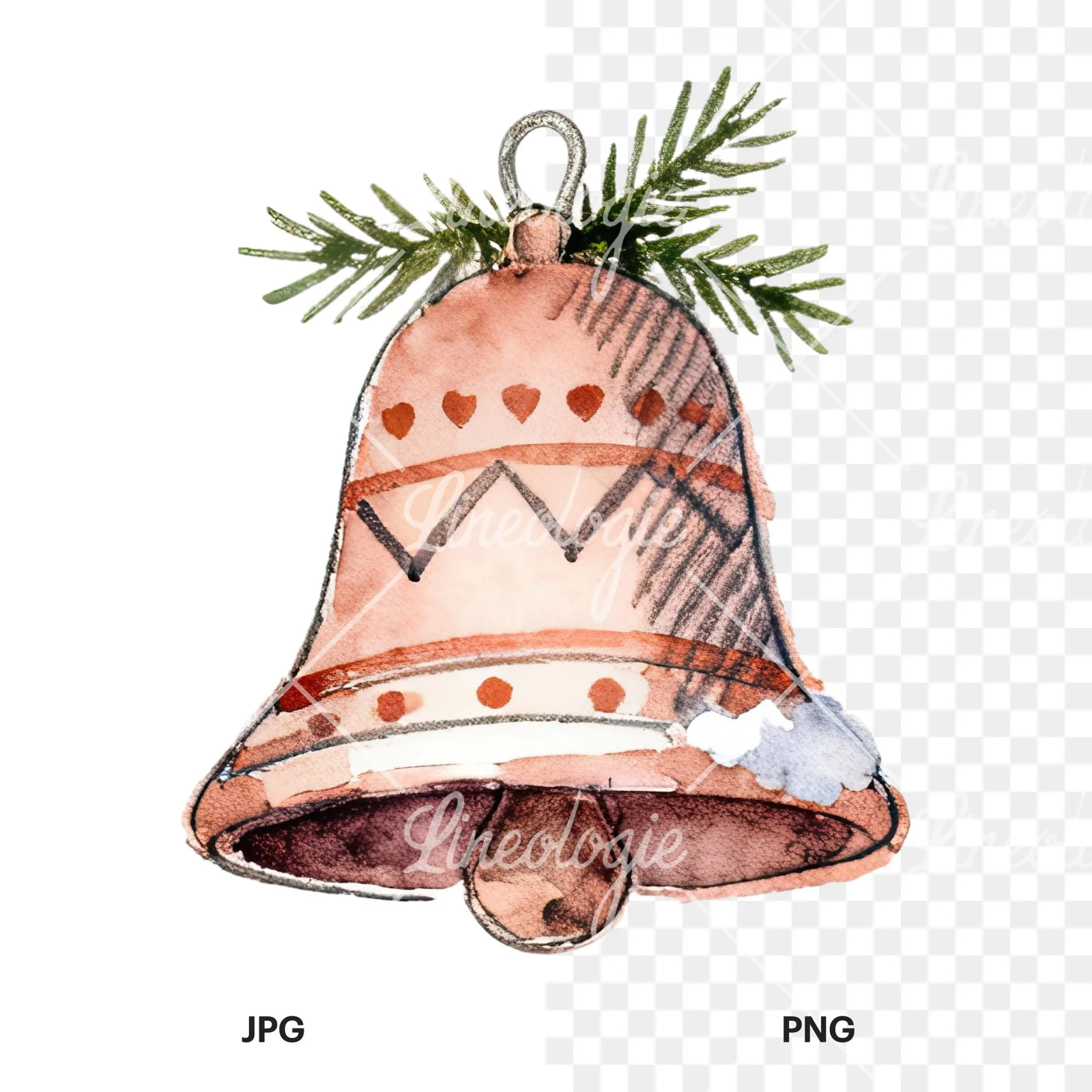 Watercolor bell clipart 11 of 12, as a JPG on white and a transparent PNG