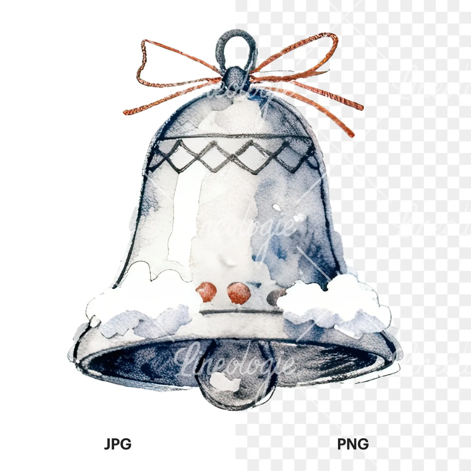 Watercolor bell clipart 12 of 12, as a JPG on white and a transparent PNG