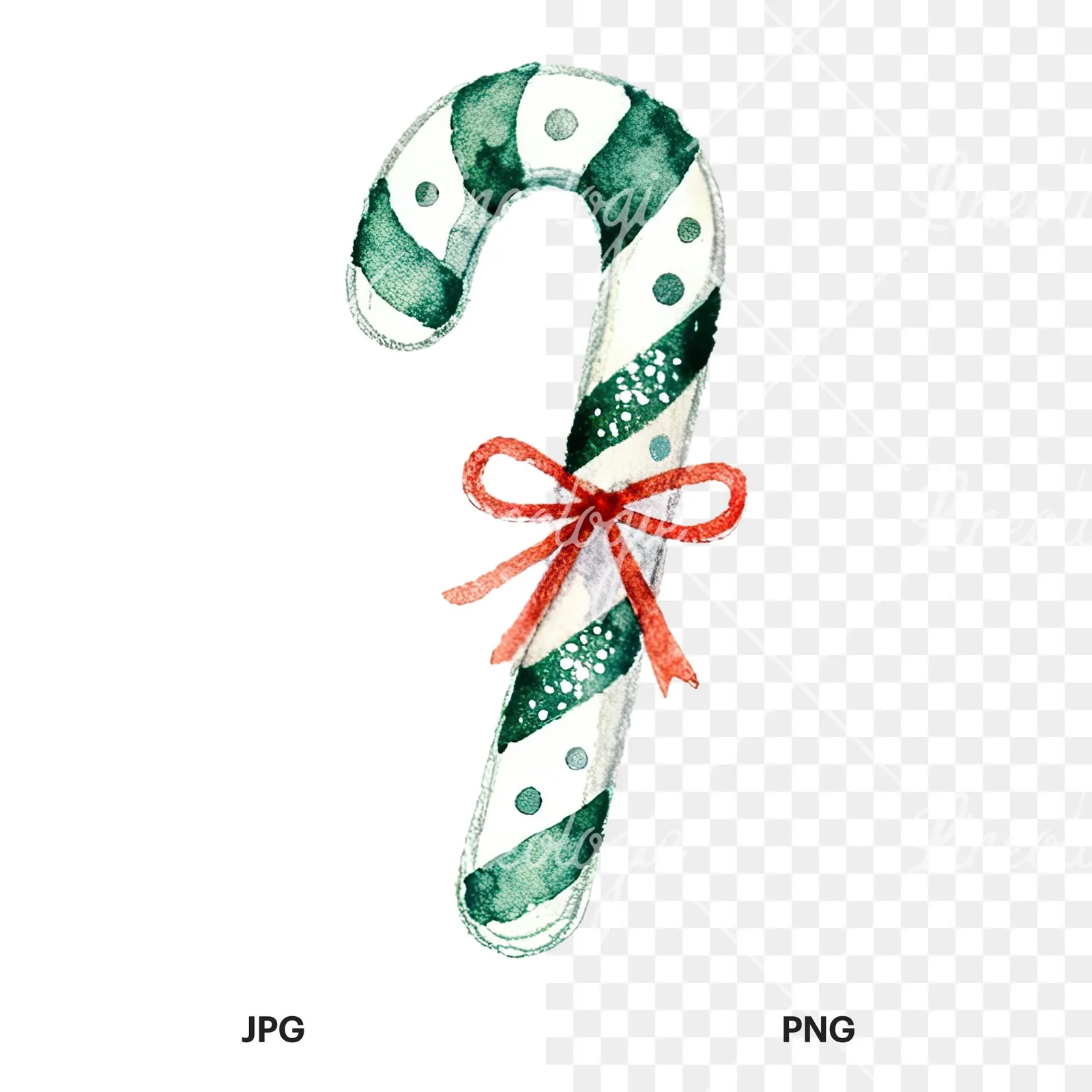 Watercolor candy cane clipart 9 of 12, as a JPG on white and a transparent PNG