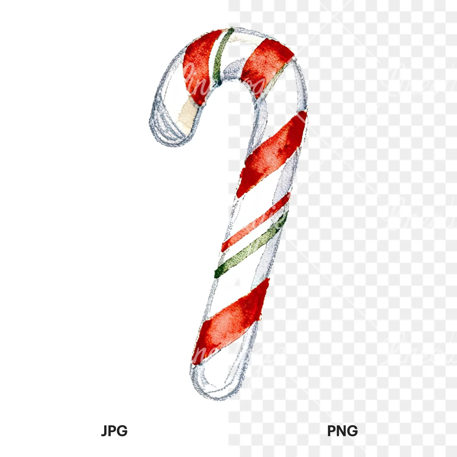 Watercolor candy cane clipart 12 of 12, as a JPG on white and a transparent PNG
