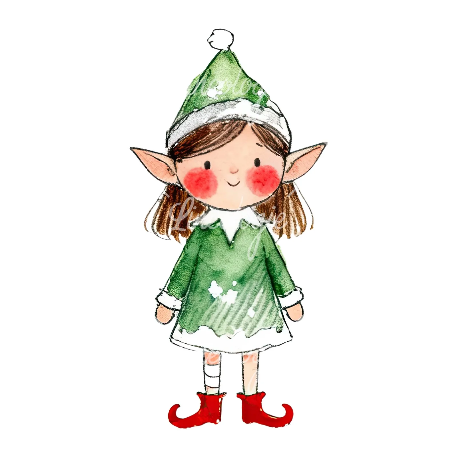 Watercolor Christmas children elf clipart 1 of 12 on a white background (JPG)