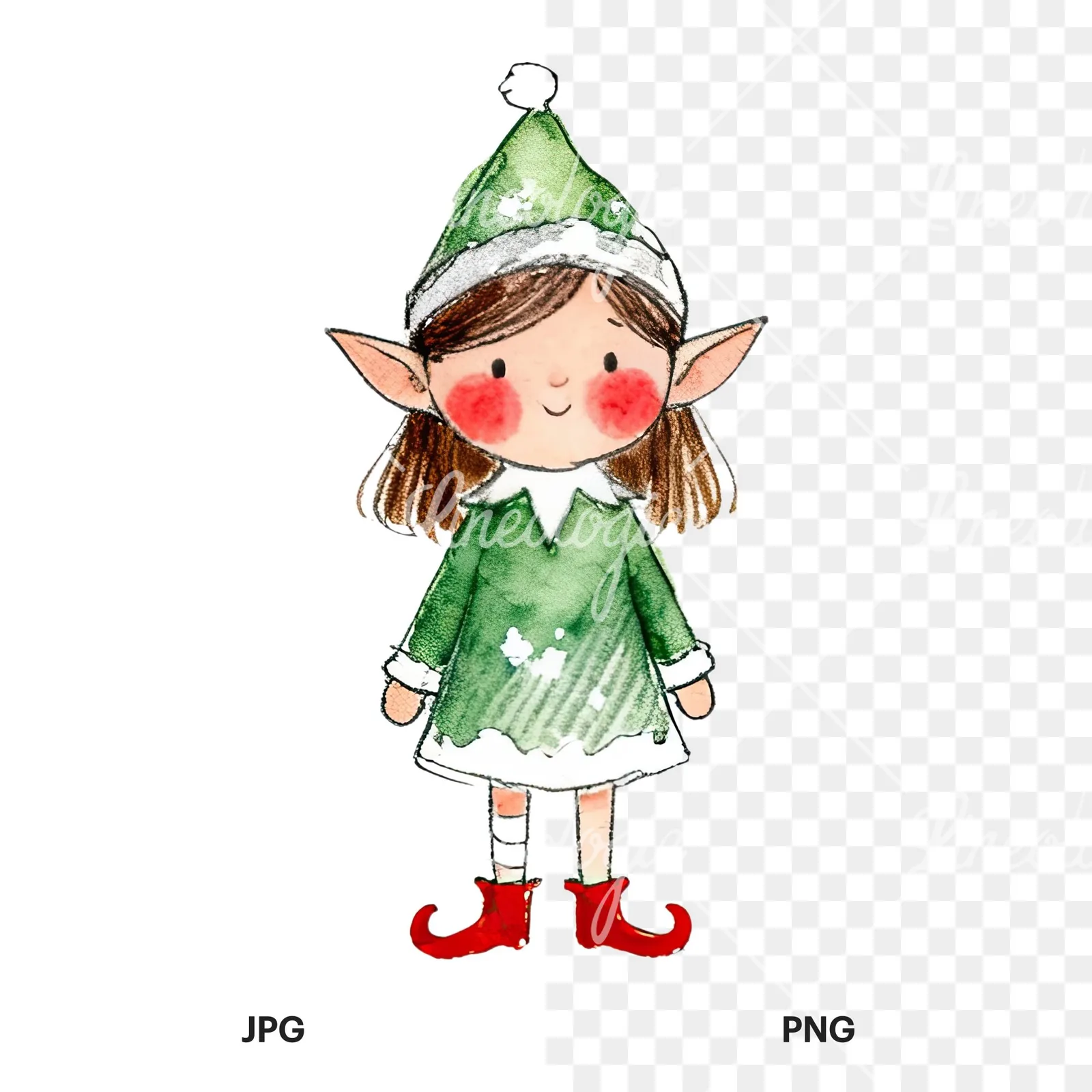 Watercolor Christmas children elf clipart 1 of 12, as a JPG on white and a transparent PNG