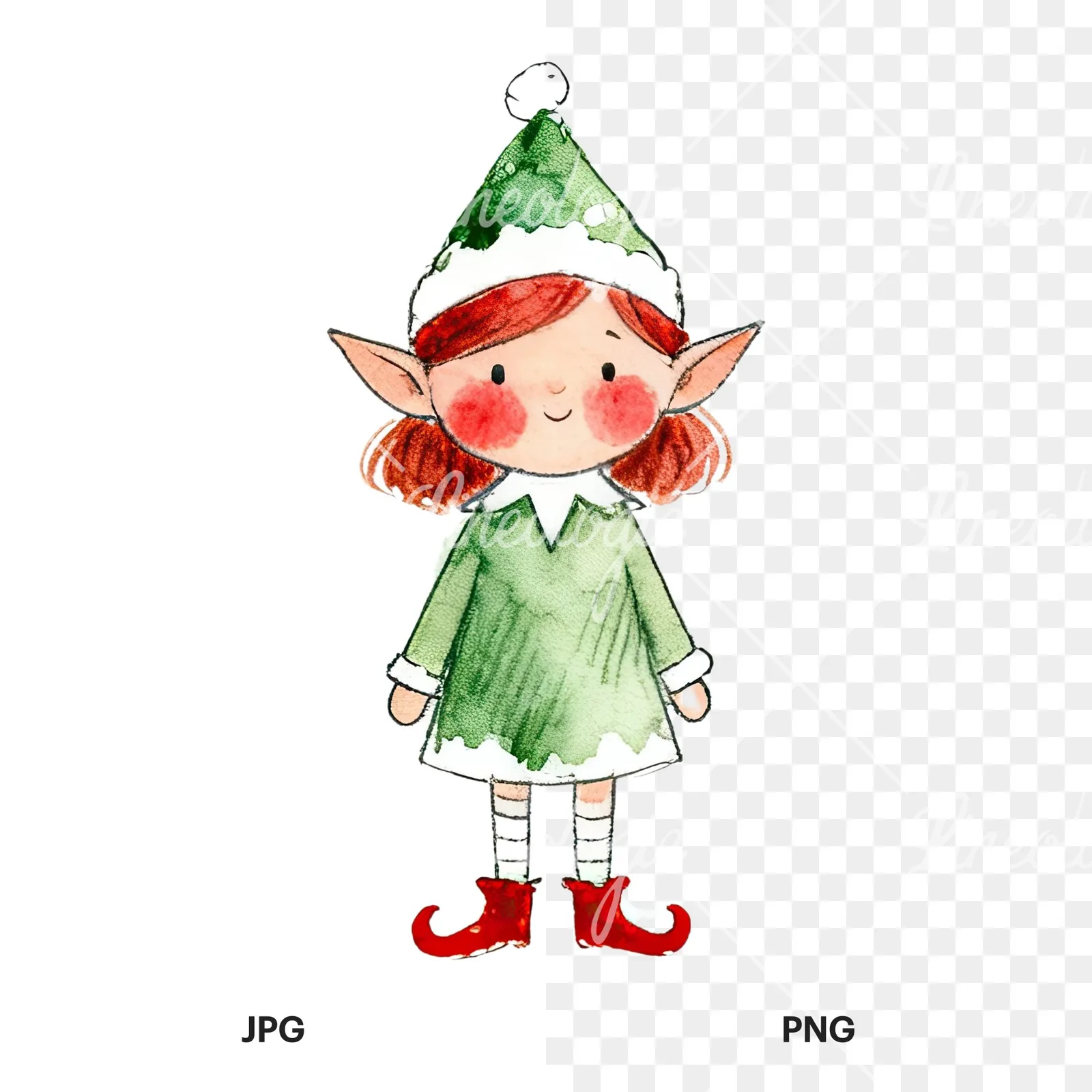 Watercolor Christmas children elf clipart 2 of 12, as a JPG on white and a transparent PNG
