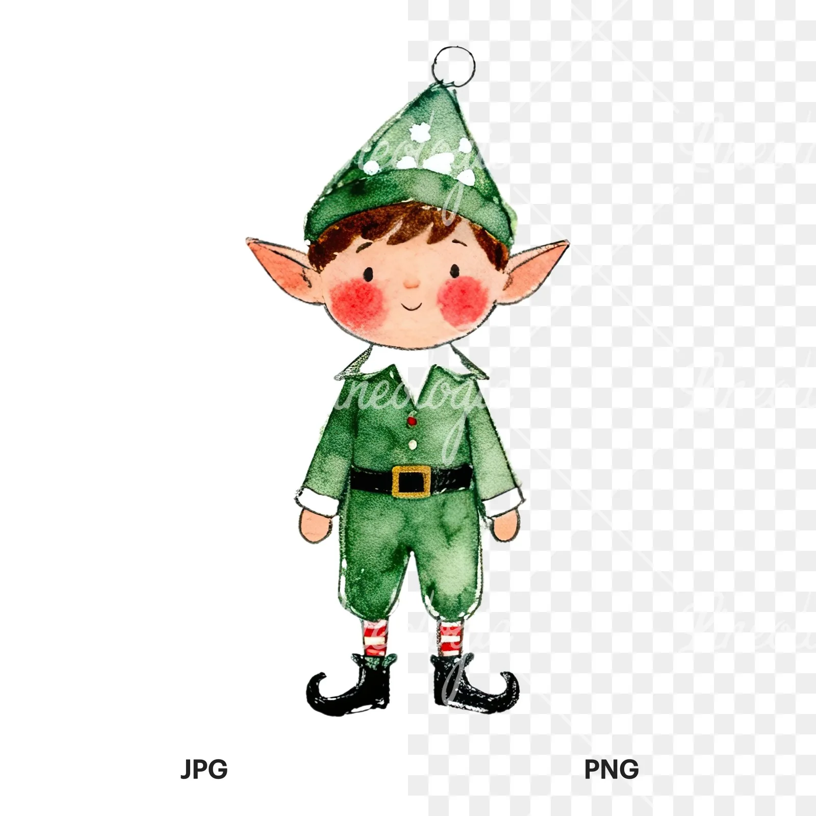 Watercolor Christmas children elf clipart 3 of 12, as a JPG on white and a transparent PNG