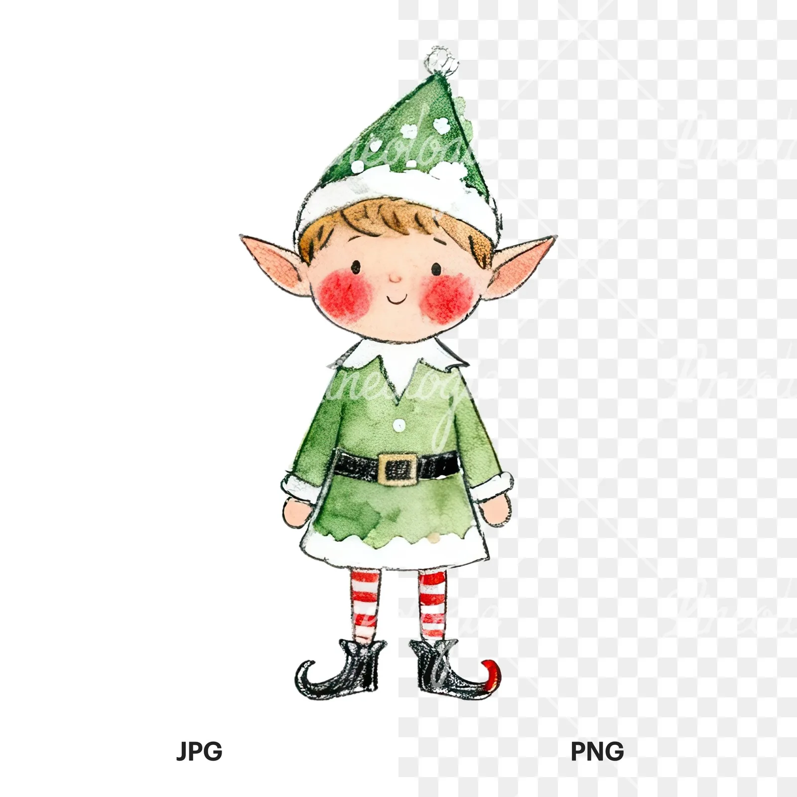 Watercolor Christmas children elf clipart 4 of 12, as a JPG on white and a transparent PNG