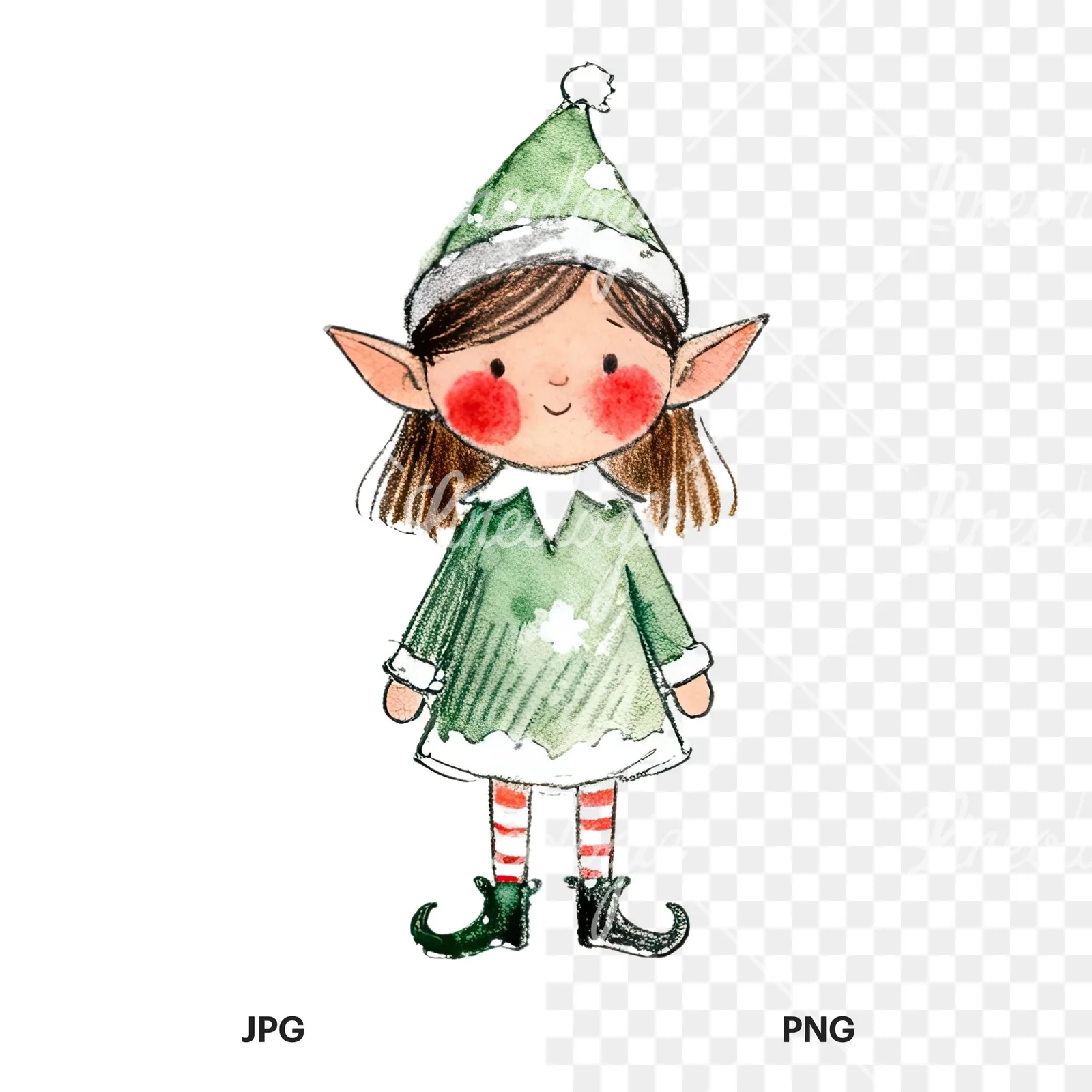 Watercolor Christmas children elf clipart 5 of 12, as a JPG on white and a transparent PNG