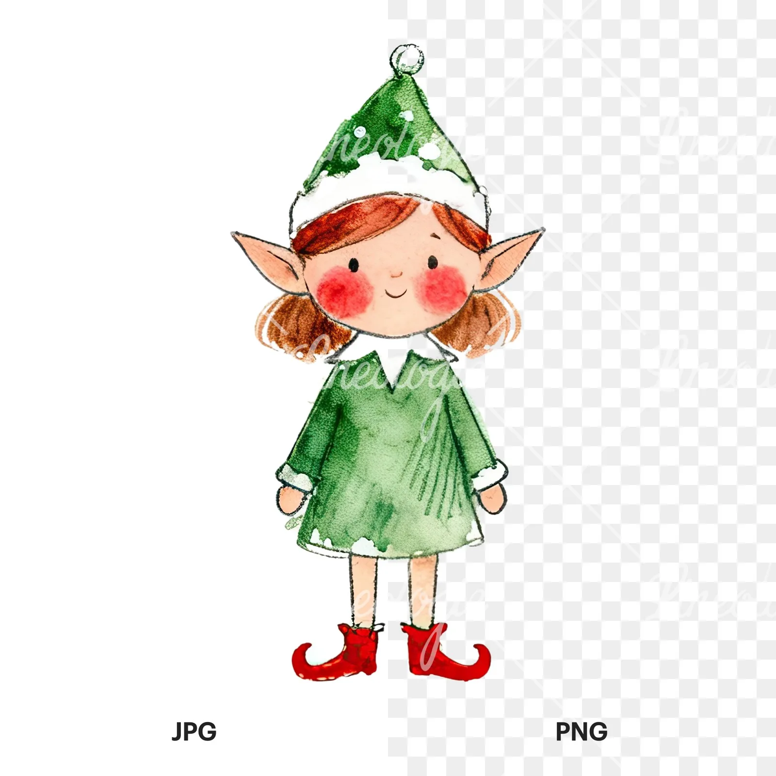 Watercolor Christmas children elf clipart 6 of 12, as a JPG on white and a transparent PNG