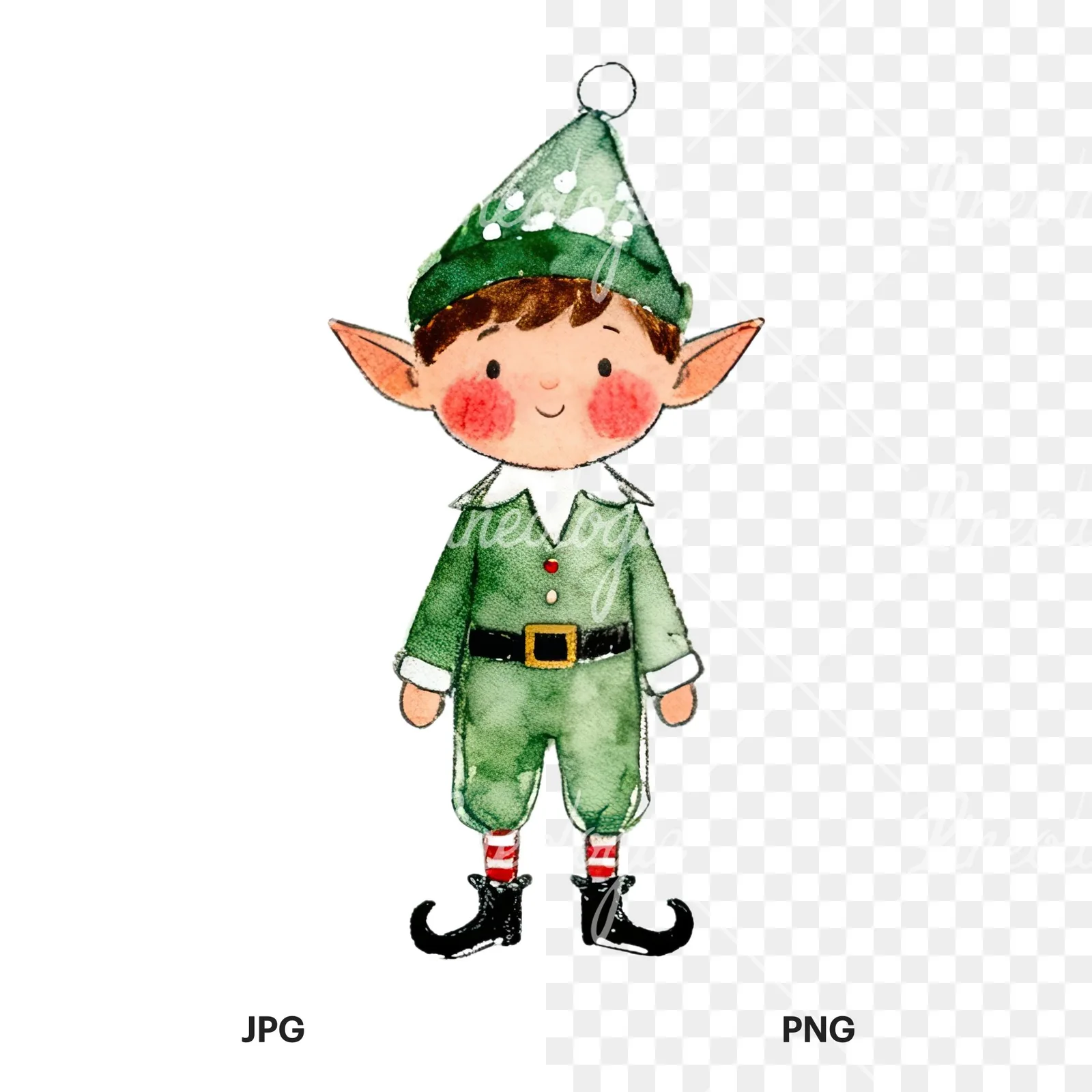 Watercolor Christmas children elf clipart 7 of 12, as a JPG on white and a transparent PNG