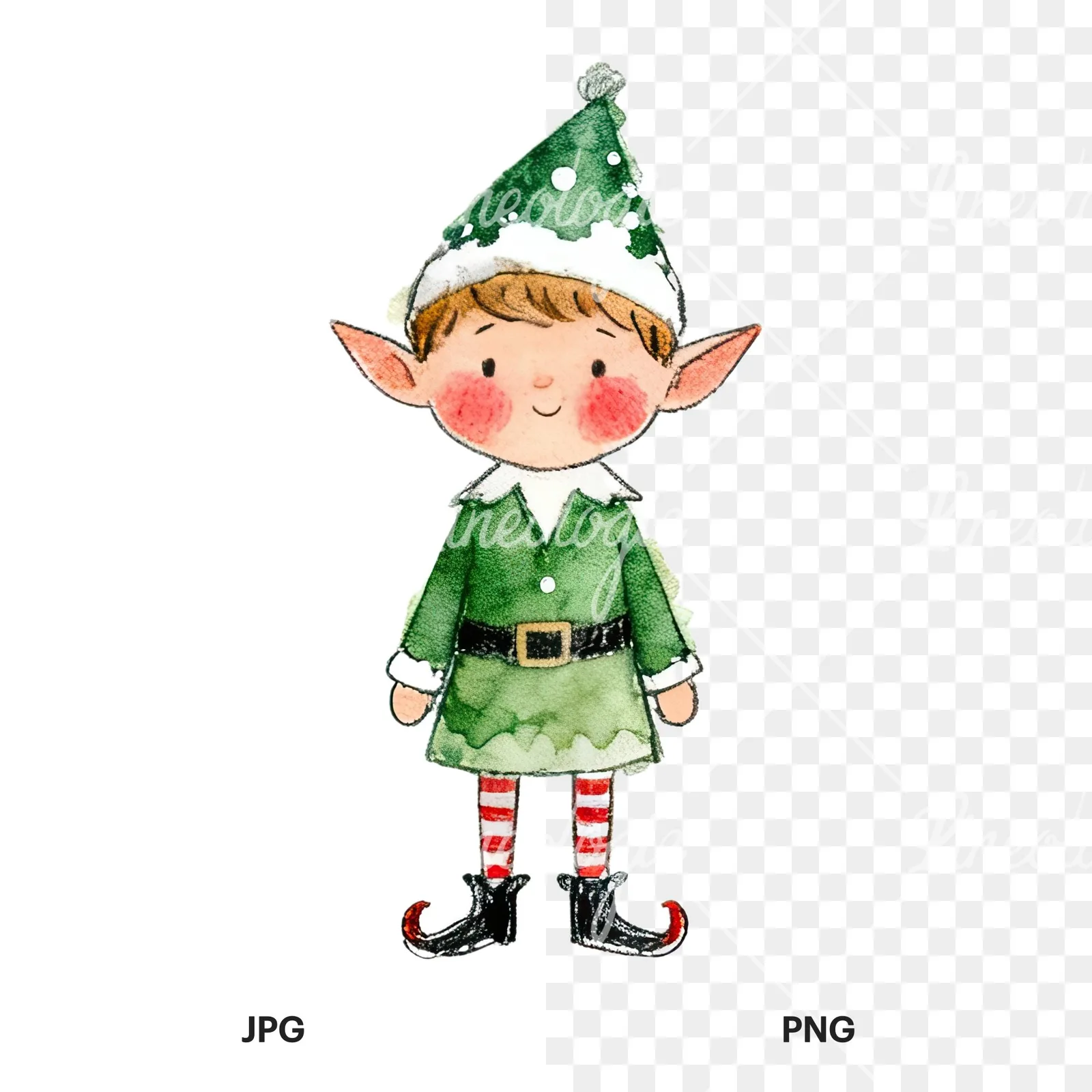 Watercolor Christmas children elf clipart 8 of 12, as a JPG on white and a transparent PNG