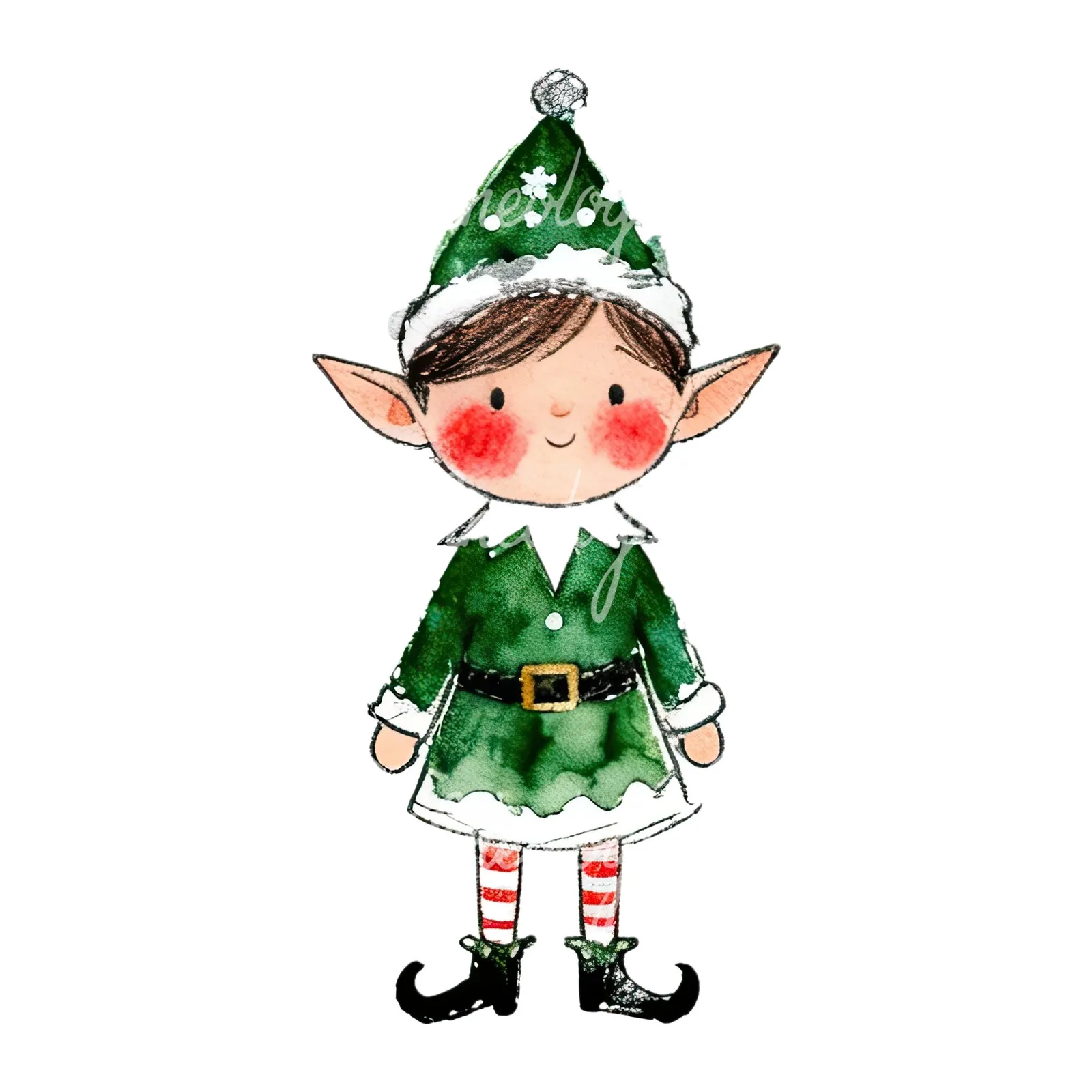 Watercolor Christmas children elf clipart 9 of 12 on a white background (JPG)