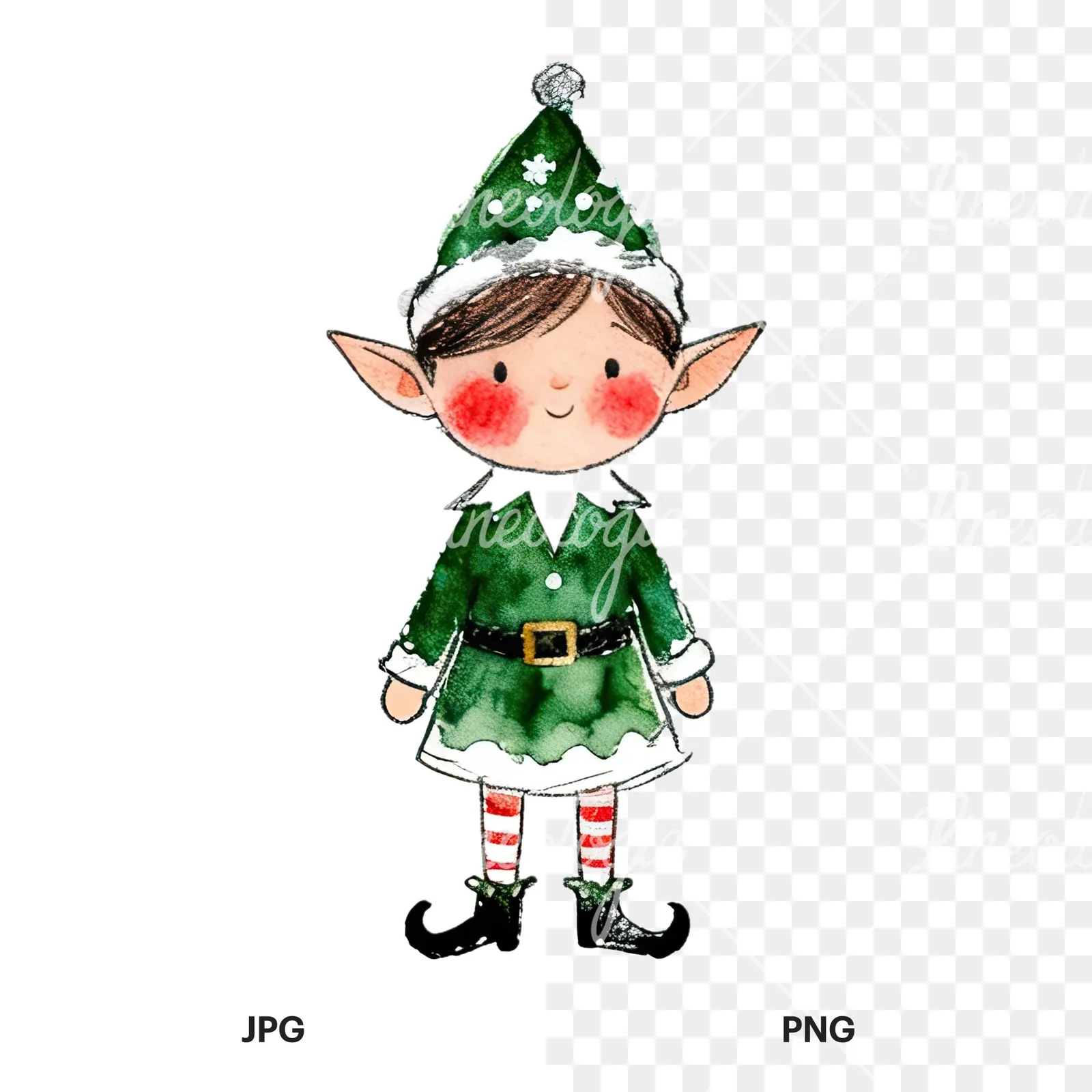 Watercolor Christmas children elf clipart 9 of 12, as a JPG on white and a transparent PNG