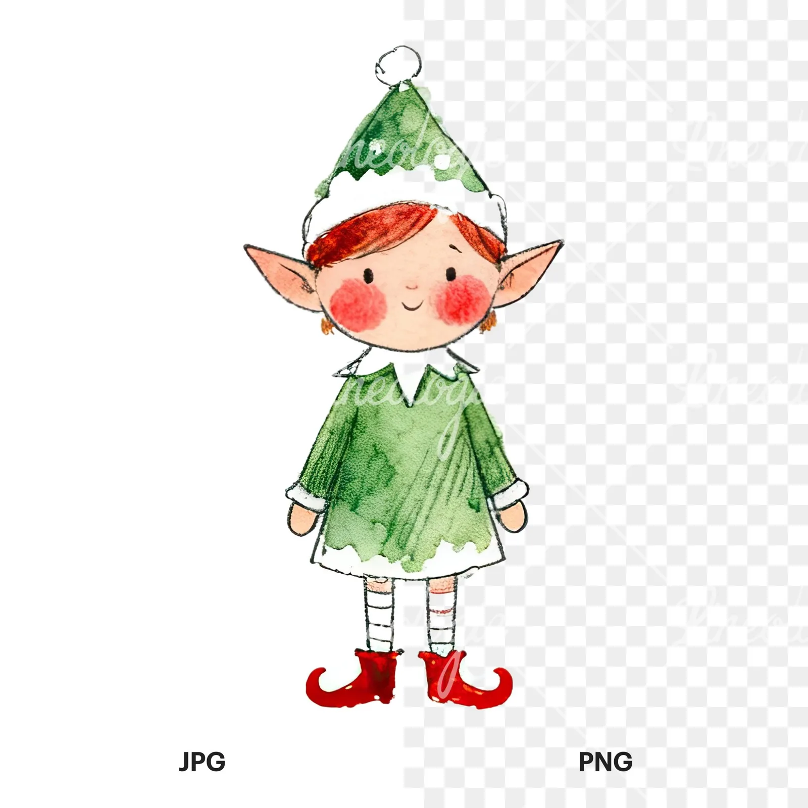 Watercolor Christmas children elf clipart 10 of 12, as a JPG on white and a transparent PNG
