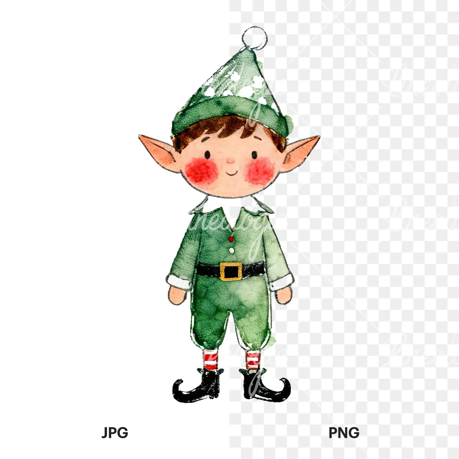 Watercolor Christmas children elf clipart 11 of 12, as a JPG on white and a transparent PNG