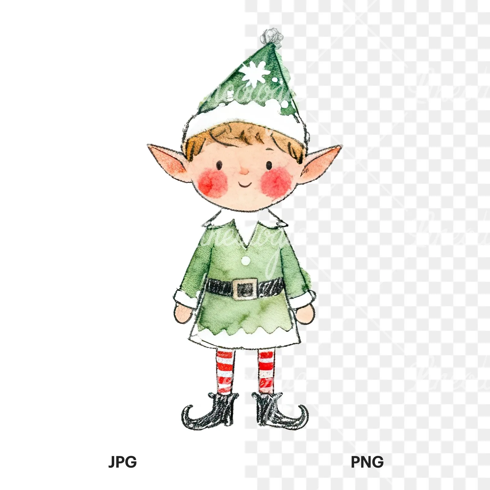 Watercolor Christmas children elf clipart 12 of 12, as a JPG on white and a transparent PNG
