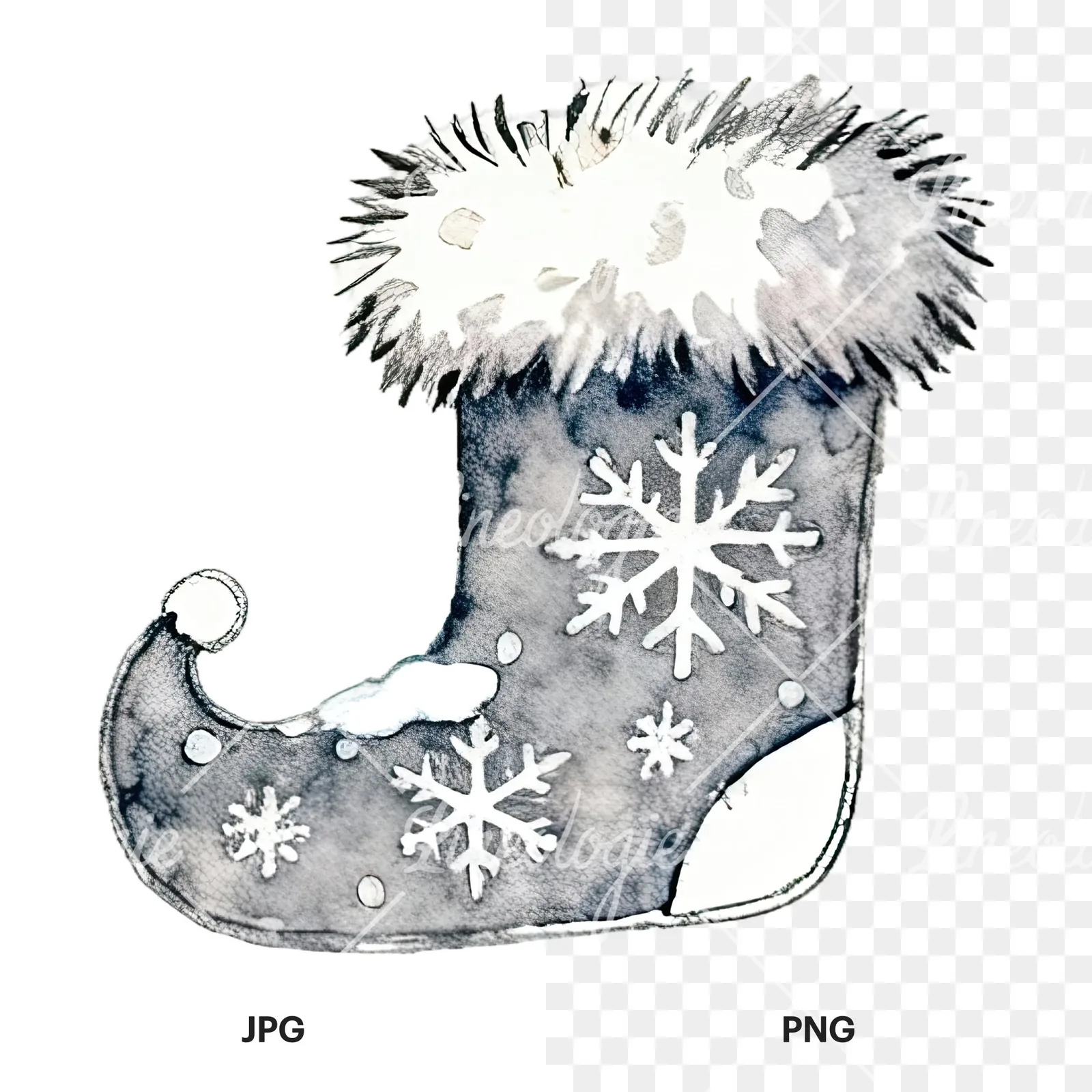 Watercolor Christmas elves shoe clipart 1 of 12, as a JPG on white and a transparent PNG