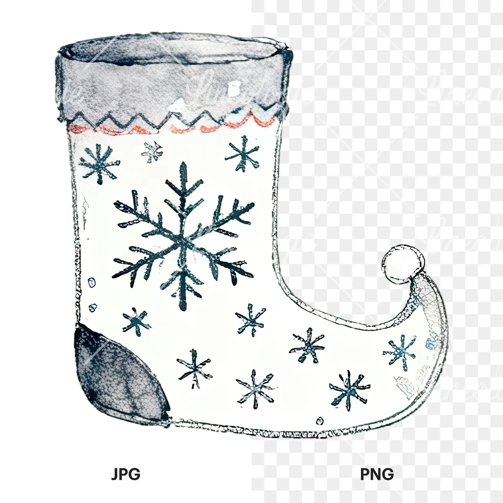 Watercolor Christmas elves shoe clipart 2 of 12, as a JPG on white and a transparent PNG