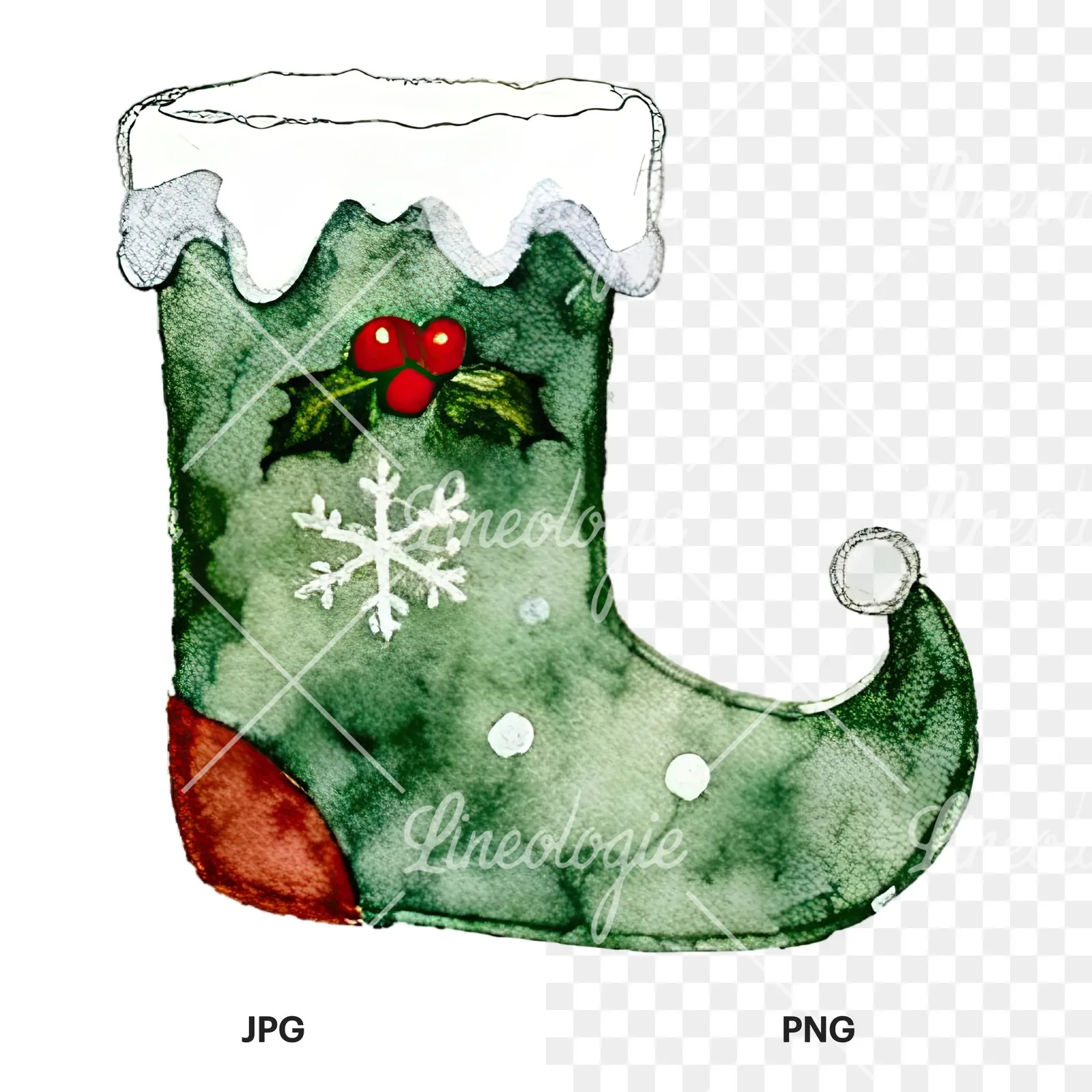 Watercolor Christmas elves shoe clipart 3 of 12, as a JPG on white and a transparent PNG