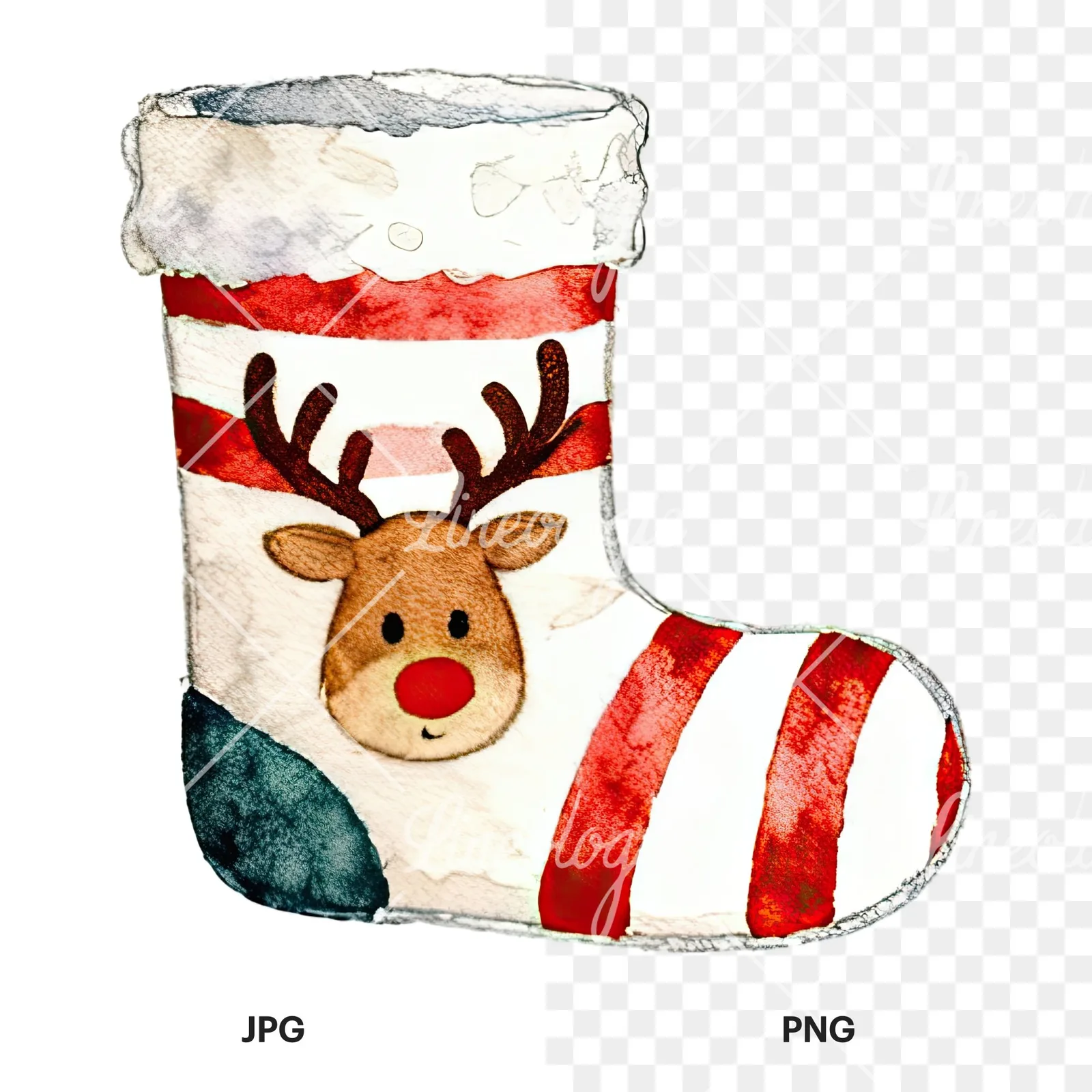 Watercolor Christmas elves shoe clipart 5 of 12, as a JPG on white and a transparent PNG