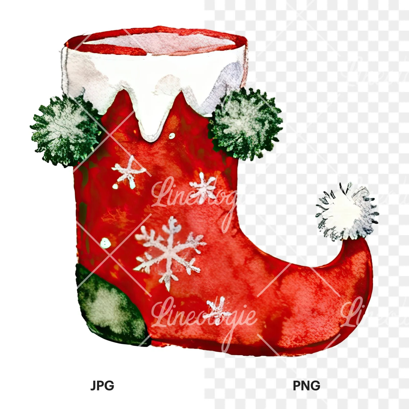 Watercolor Christmas elves shoe clipart 6 of 12, as a JPG on white and a transparent PNG