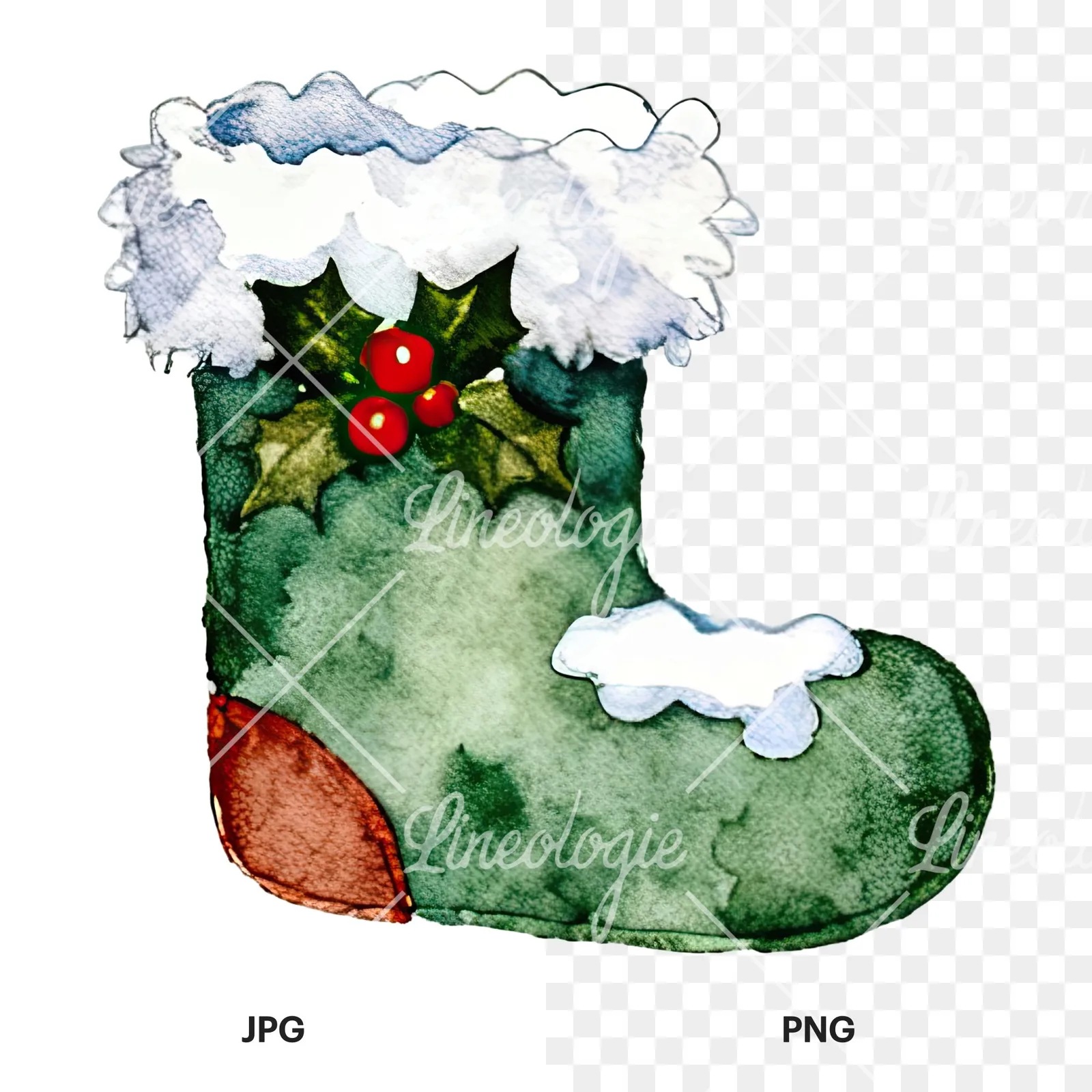 Watercolor Christmas elves shoe clipart 7 of 12, as a JPG on white and a transparent PNG