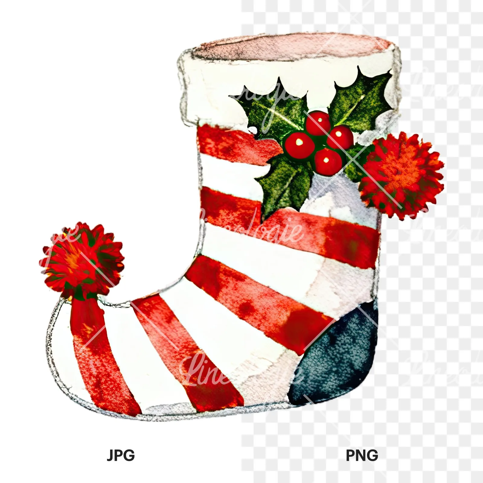 Watercolor Christmas elves shoe clipart 8 of 12, as a JPG on white and a transparent PNG