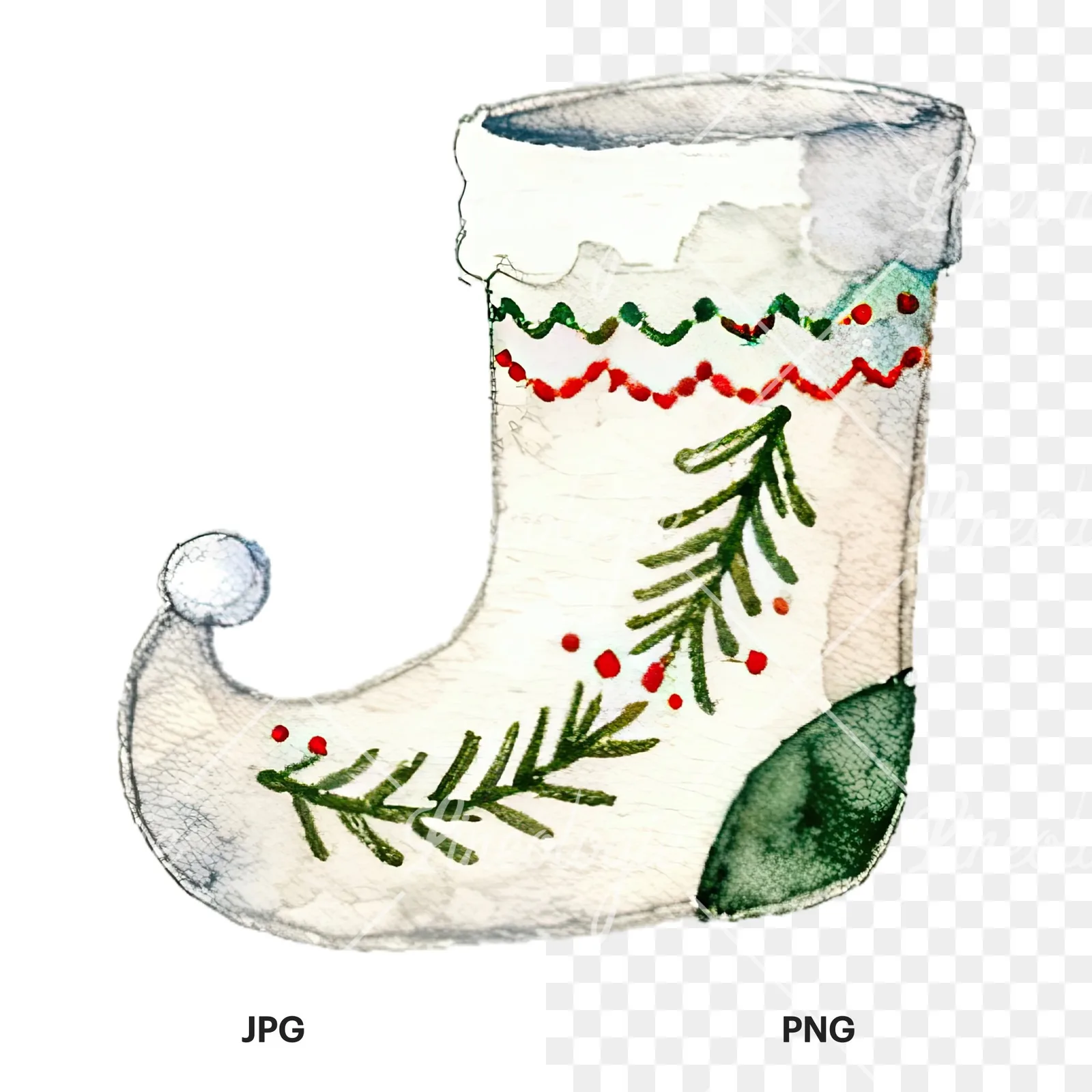 Watercolor Christmas elves shoe clipart 9 of 12, as a JPG on white and a transparent PNG