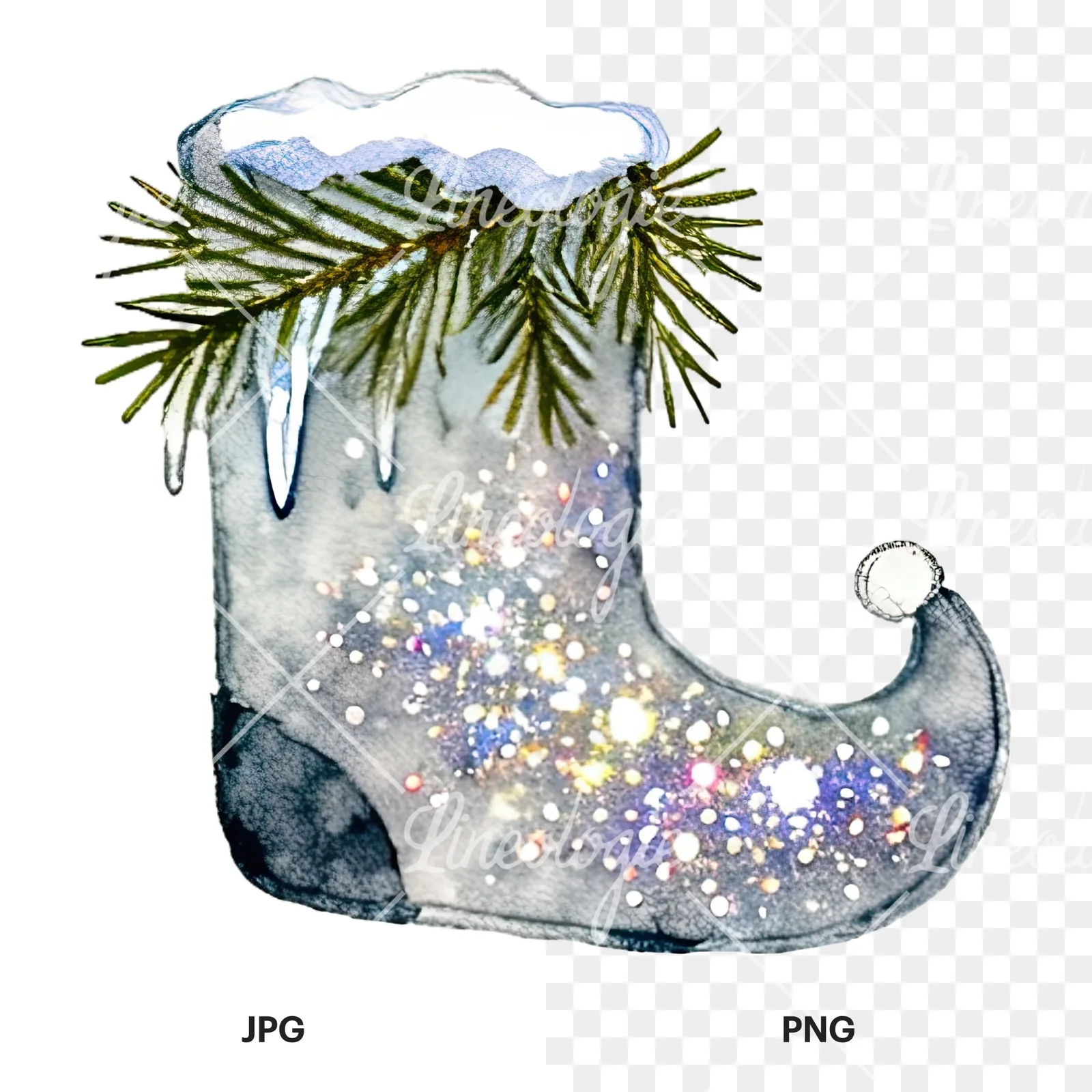 Watercolor Christmas elves shoe clipart 11 of 12, as a JPG on white and a transparent PNG