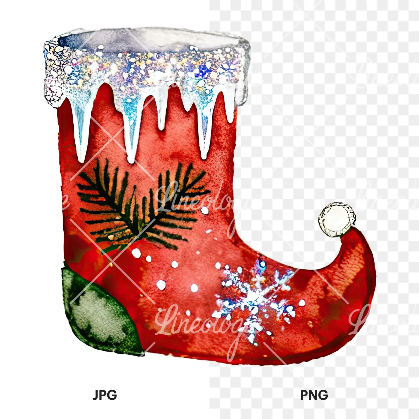 Watercolor Christmas elves shoe clipart 12 of 12, as a JPG on white and a transparent PNG