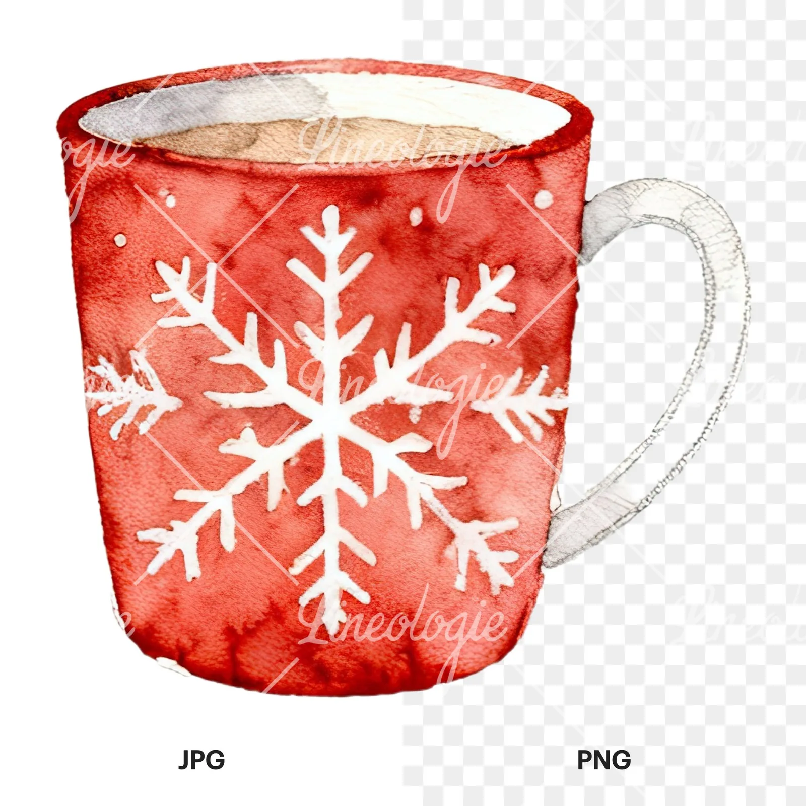 Watercolor Christmas festive mug clipart 1 of 12, as a JPG on white and a transparent PNG