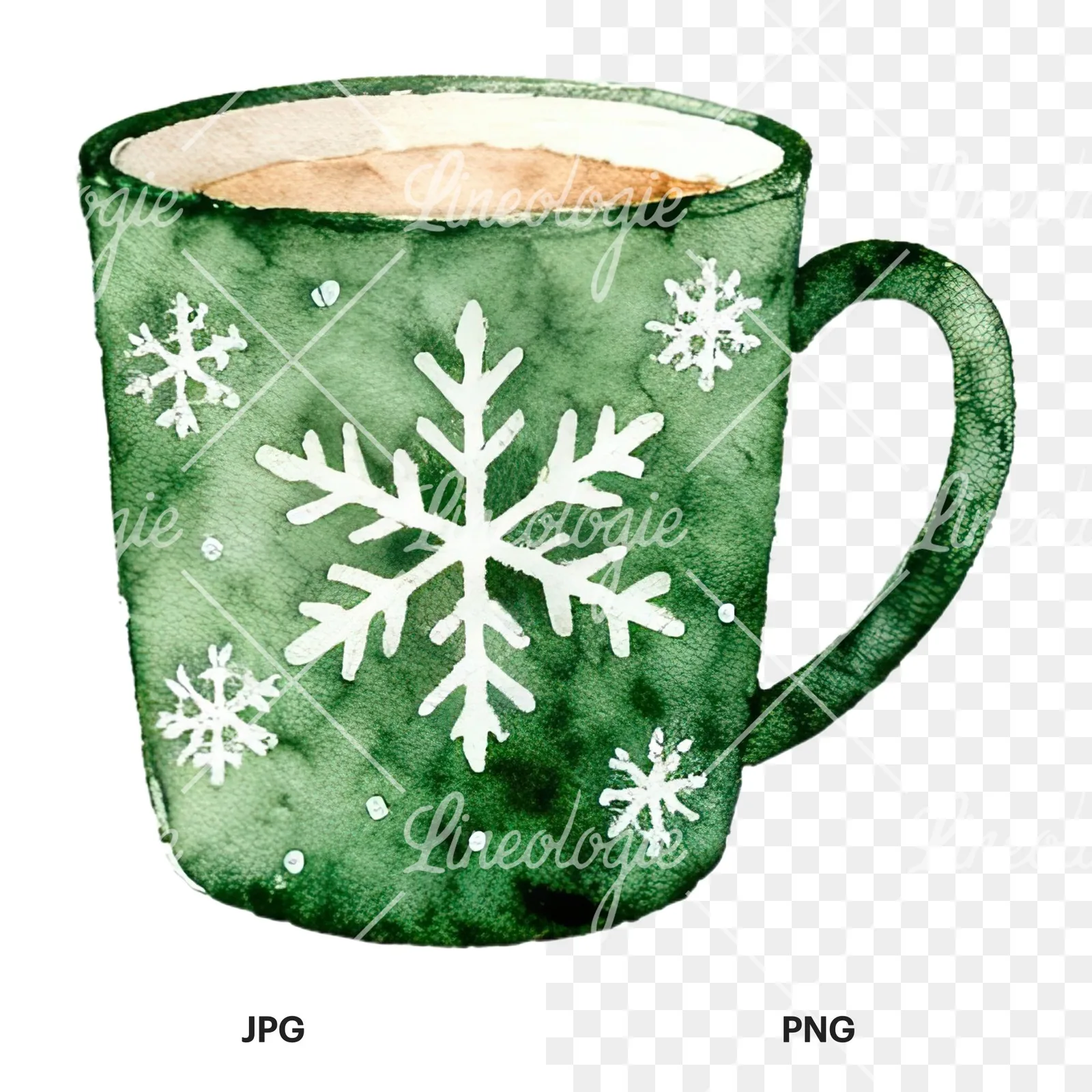 Watercolor Christmas festive mug clipart 2 of 12, as a JPG on white and a transparent PNG