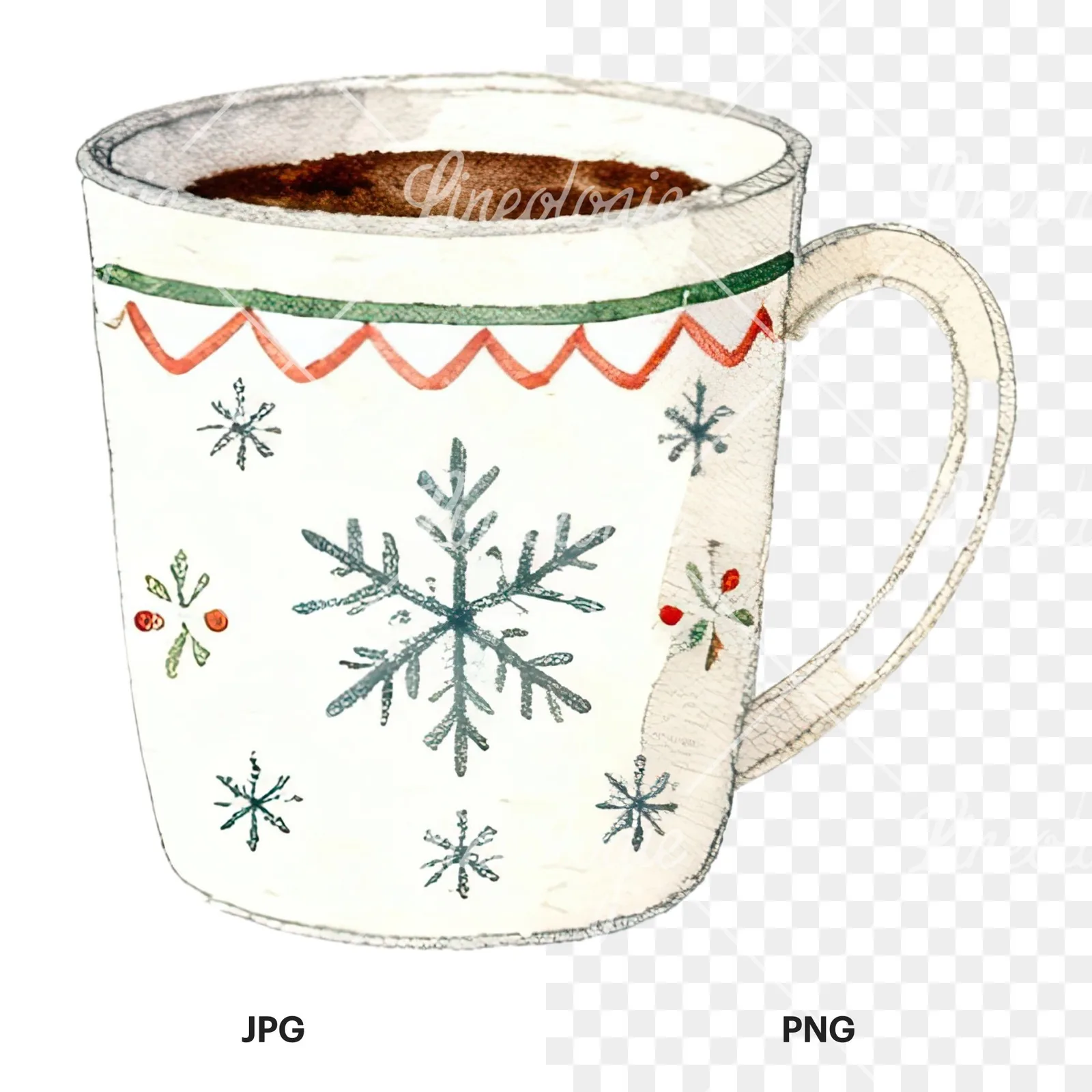 Watercolor Christmas festive mug clipart 3 of 12, as a JPG on white and a transparent PNG