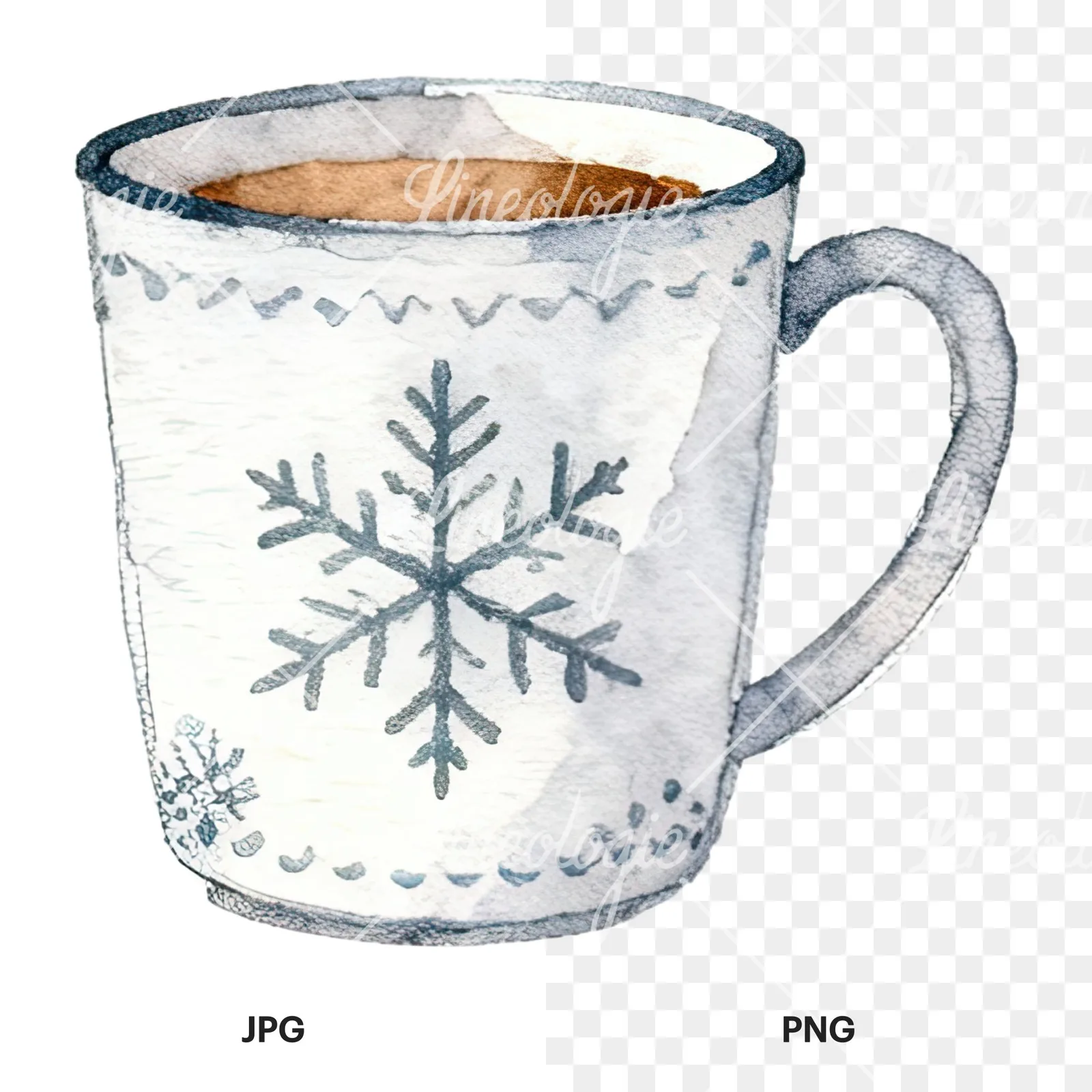 Watercolor Christmas festive mug clipart 4 of 12, as a JPG on white and a transparent PNG