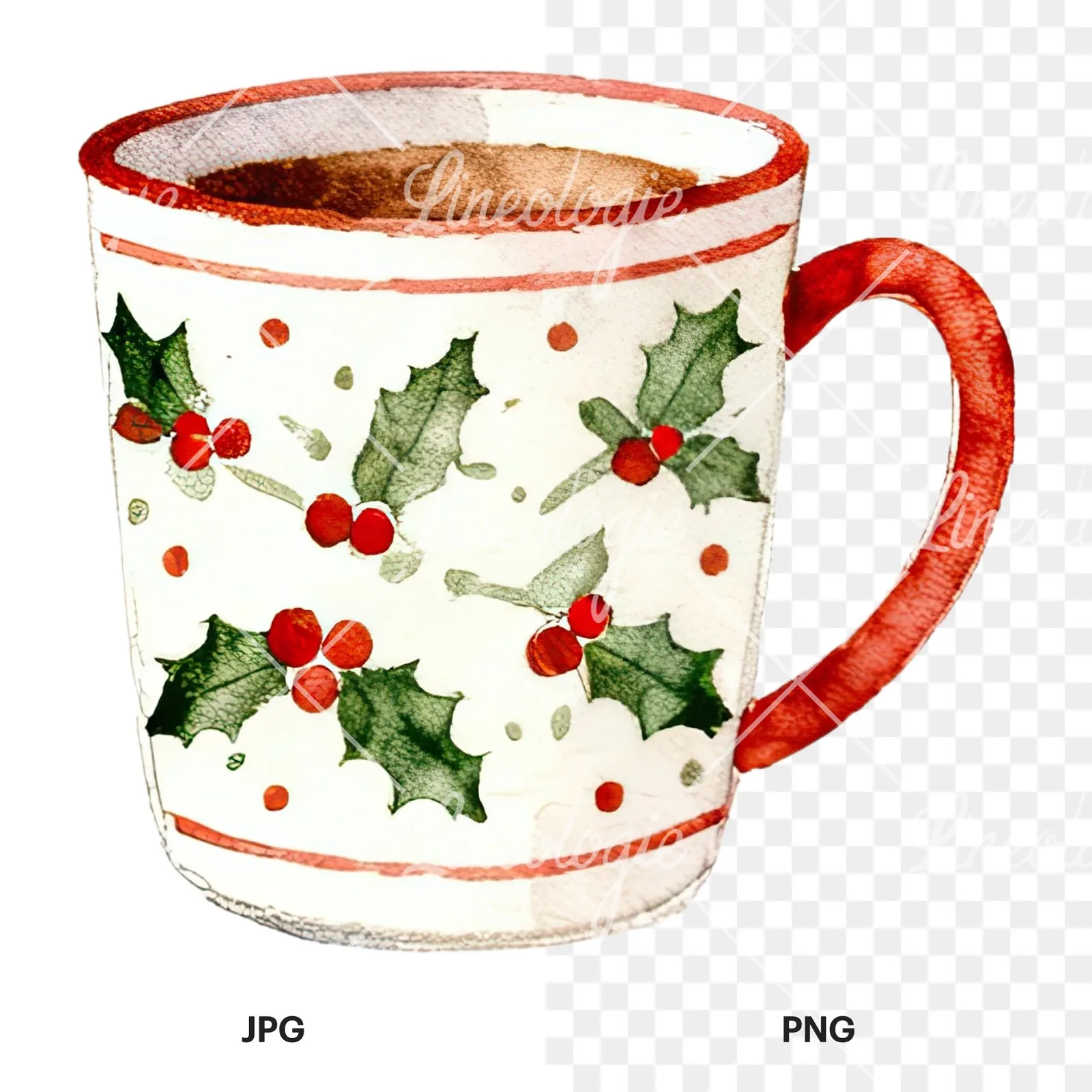 Watercolor Christmas festive mug clipart 5 of 12, as a JPG on white and a transparent PNG