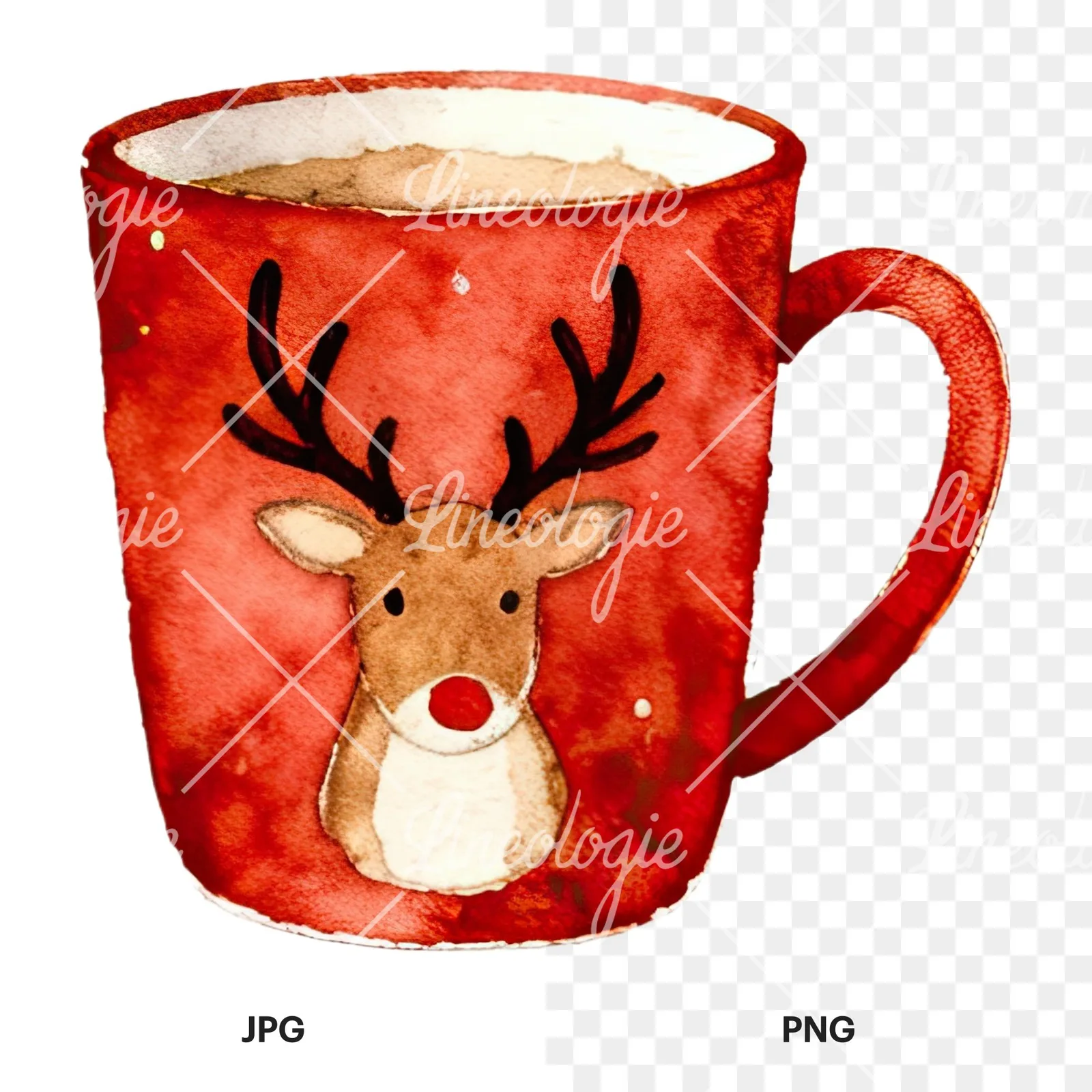 Watercolor Christmas festive mug clipart 6 of 12, as a JPG on white and a transparent PNG