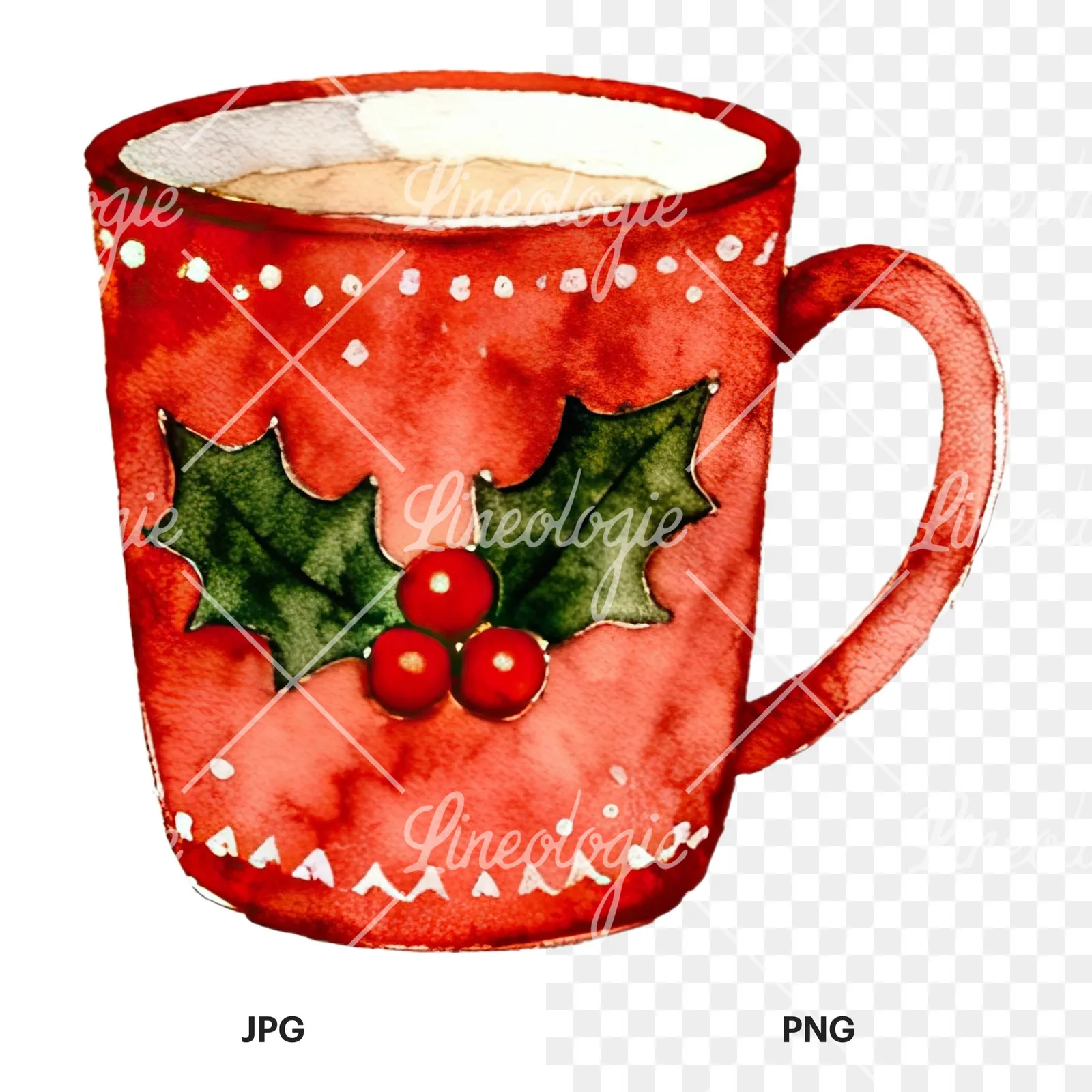 Watercolor Christmas festive mug clipart 7 of 12, as a JPG on white and a transparent PNG