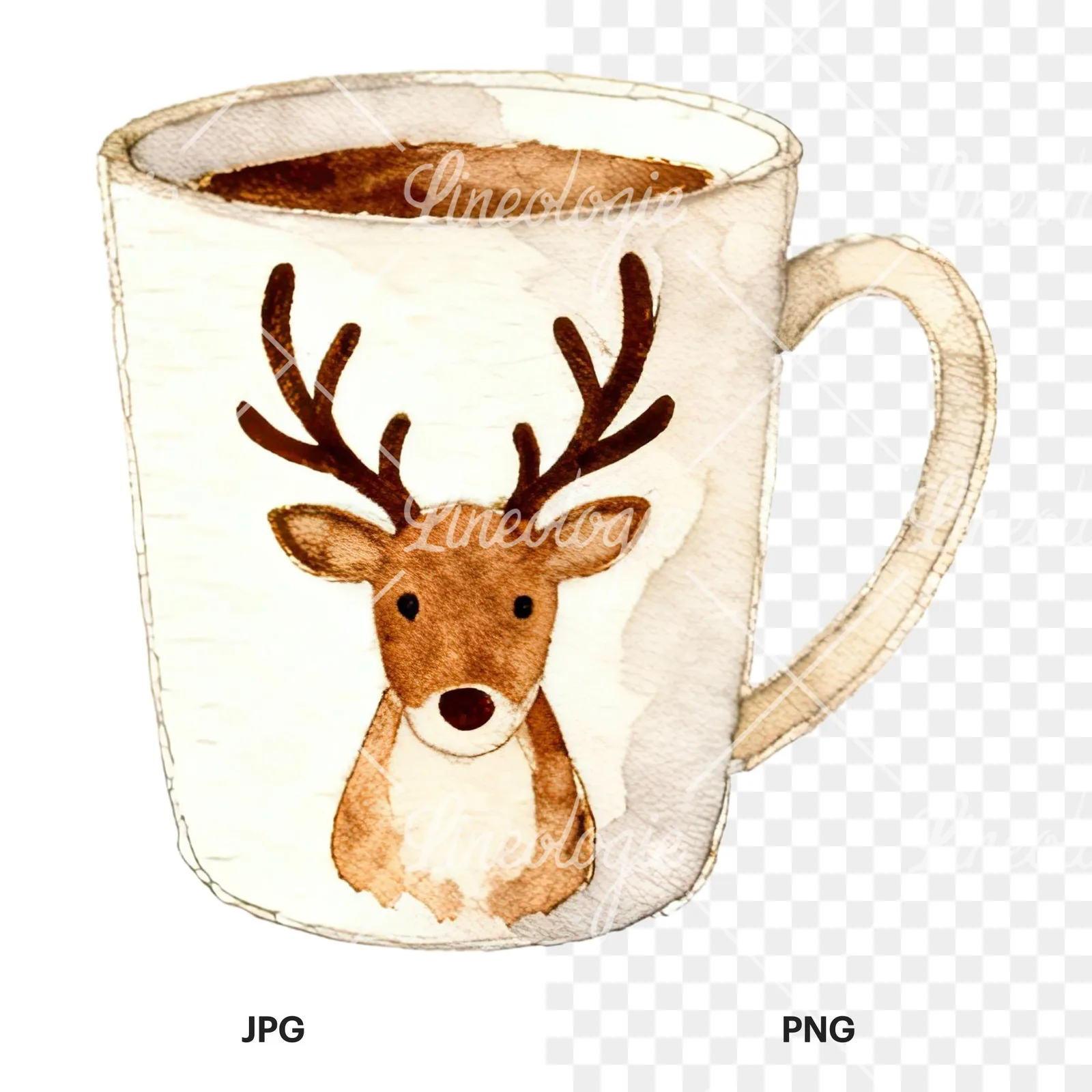 Watercolor Christmas festive mug clipart 8 of 12, as a JPG on white and a transparent PNG