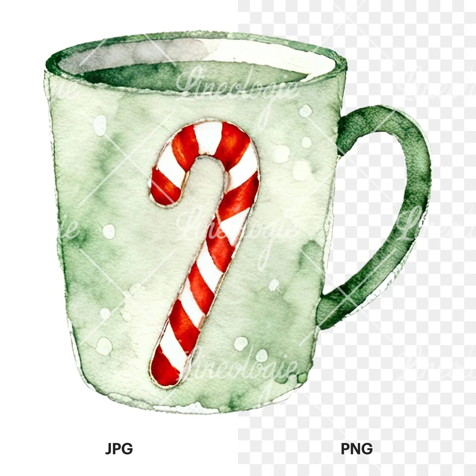 Watercolor Christmas festive mug clipart 9 of 12, as a JPG on white and a transparent PNG