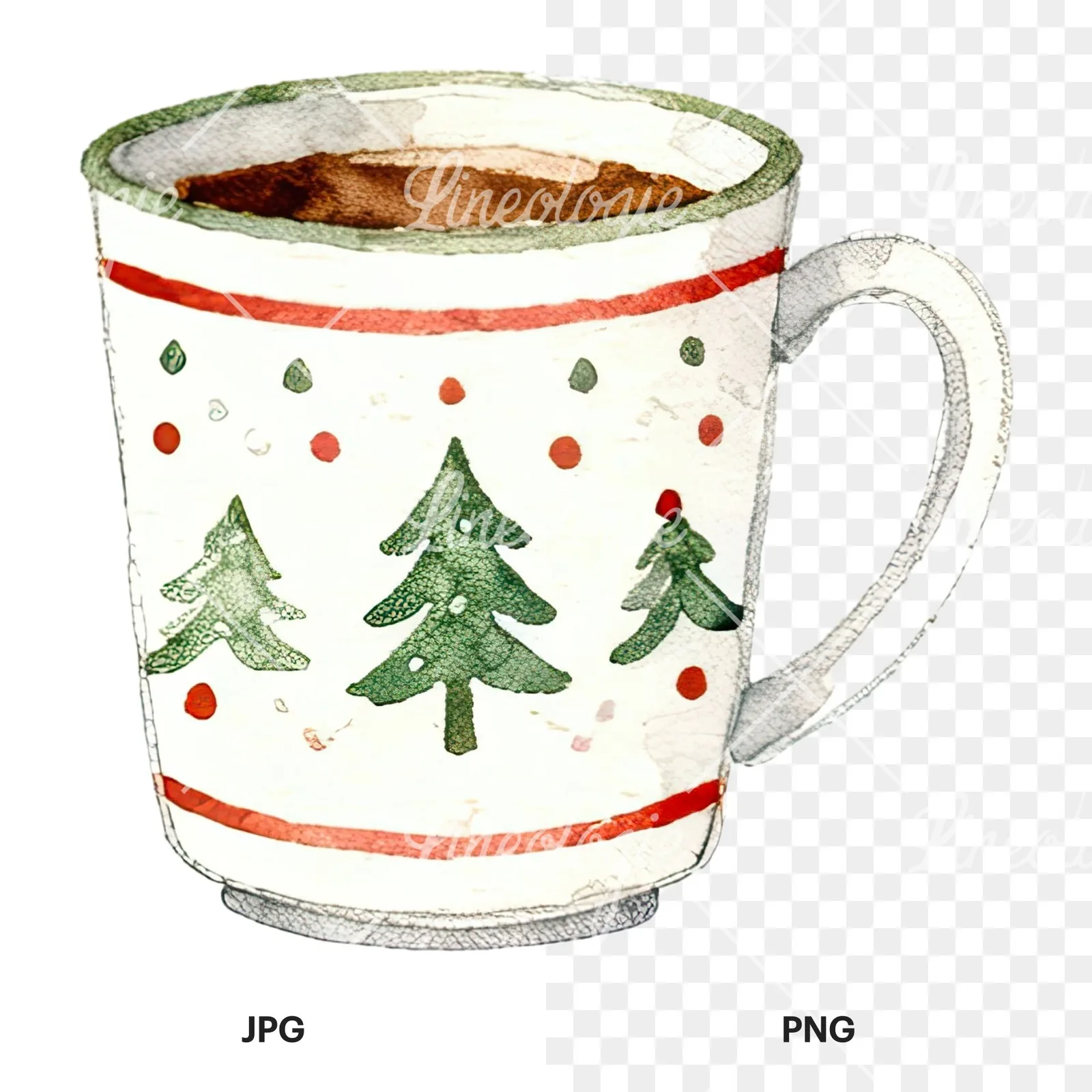Watercolor Christmas festive mug clipart 10 of 12, as a JPG on white and a transparent PNG