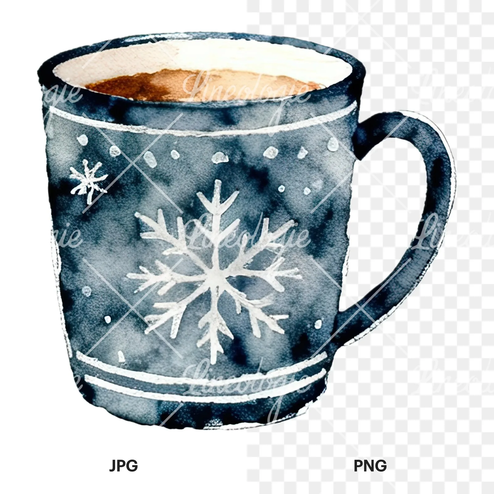 Watercolor Christmas festive mug clipart 11 of 12, as a JPG on white and a transparent PNG