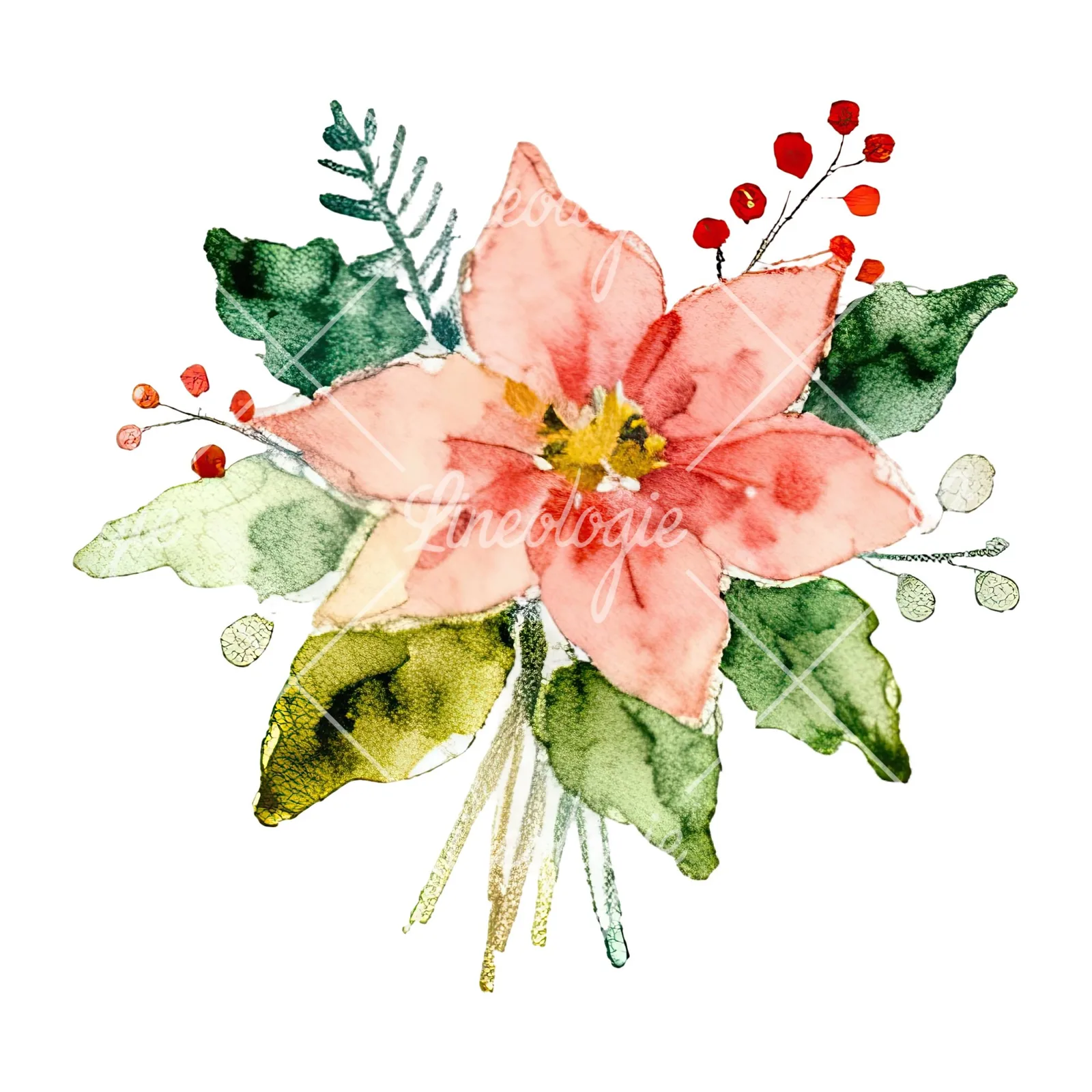 Watercolor Christmas flower bouquet clipart 1 of 12 on a white background (JPG)