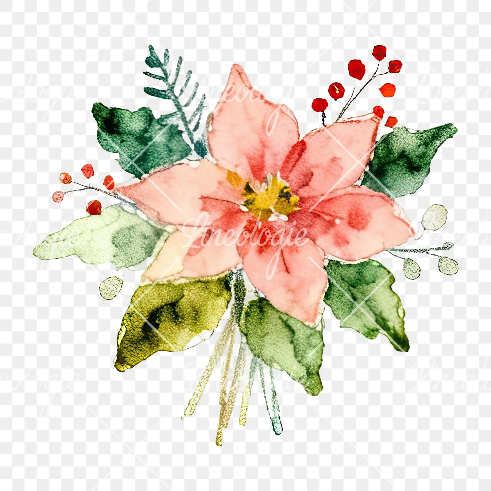 Watercolor Christmas flower bouquet clipart 1 of 12 on a transparent background (PNG)