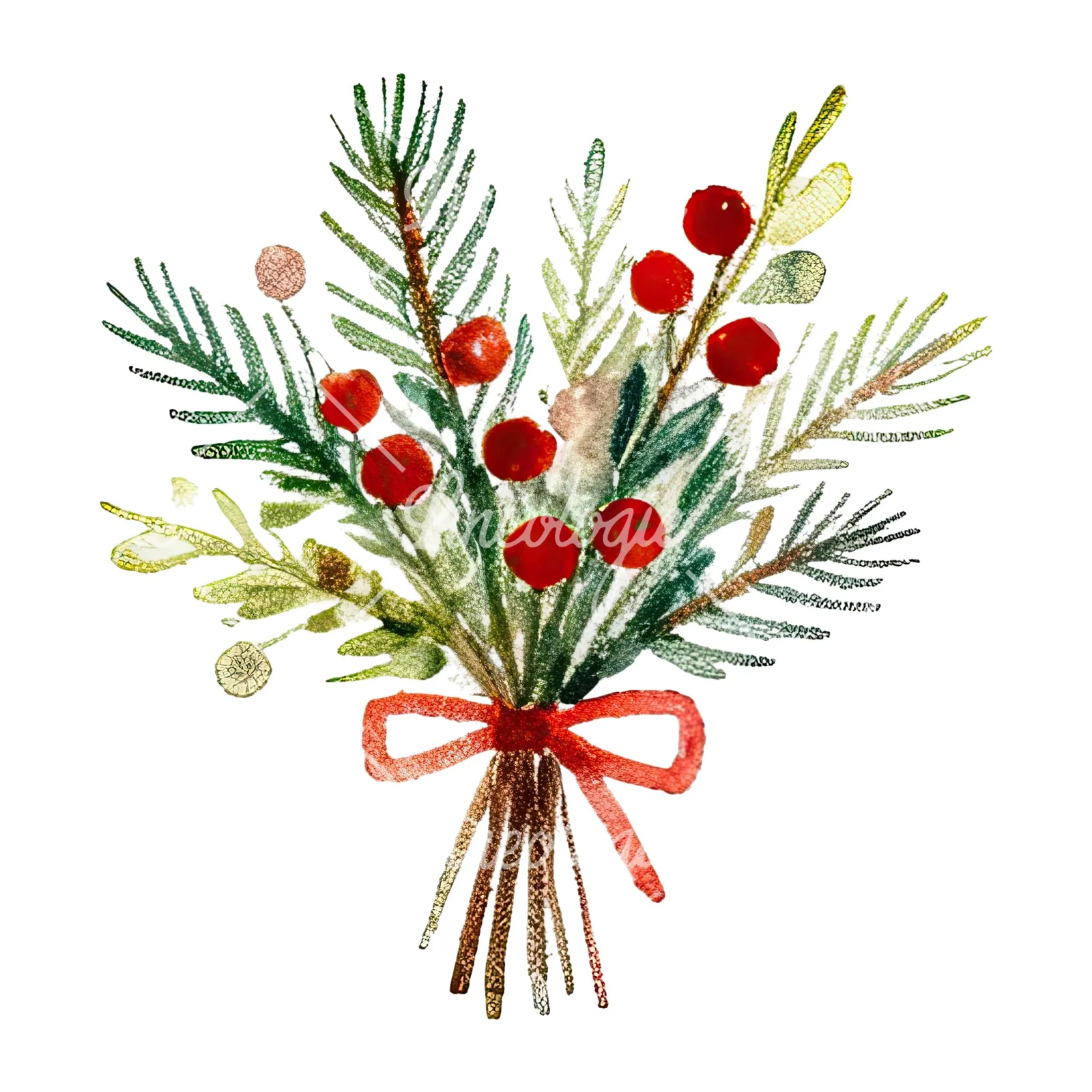 Watercolor Christmas flower bouquet clipart 2 of 12 on a white background (JPG)