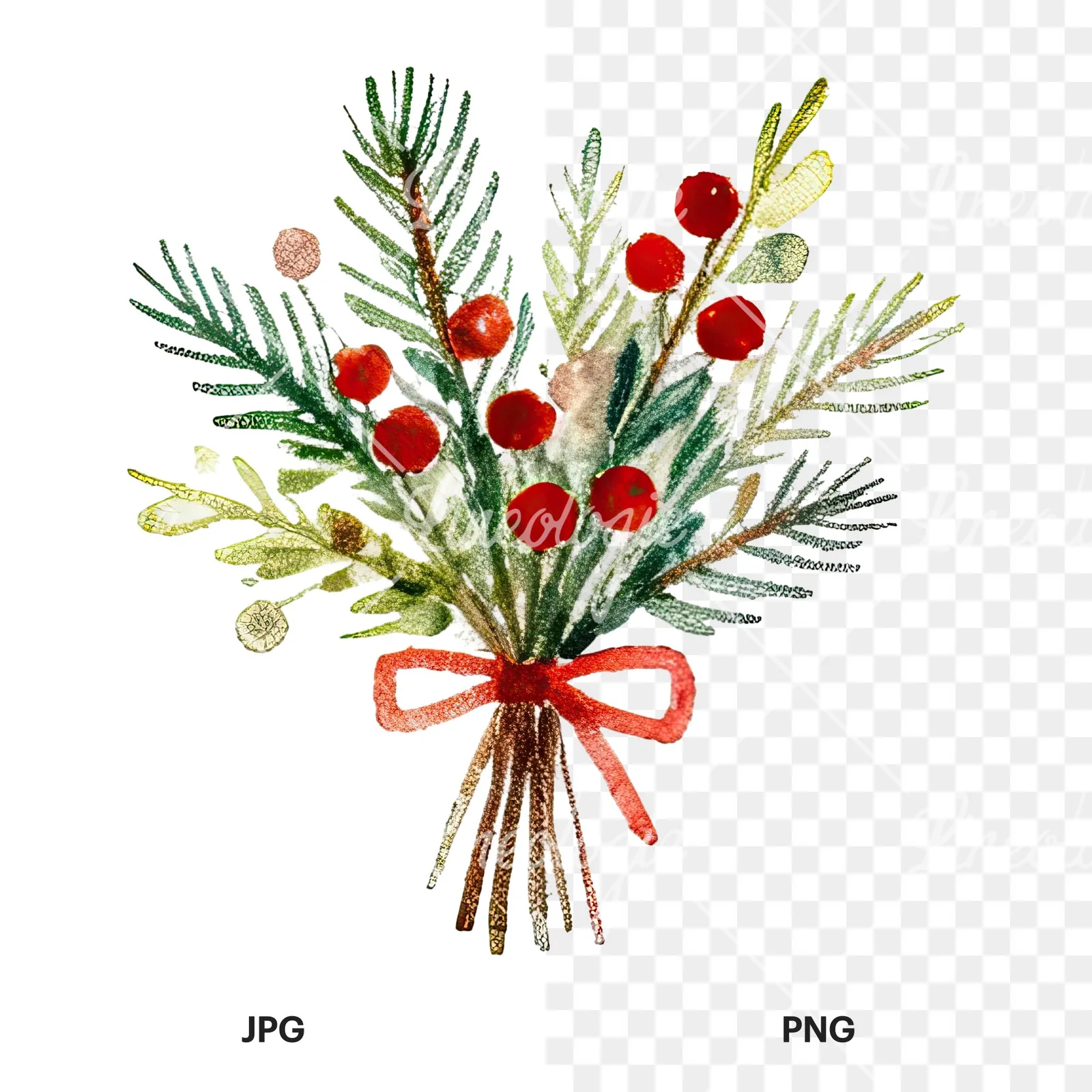 Watercolor Christmas flower bouquet clipart 2 of 12, as a JPG on white and a transparent PNG
